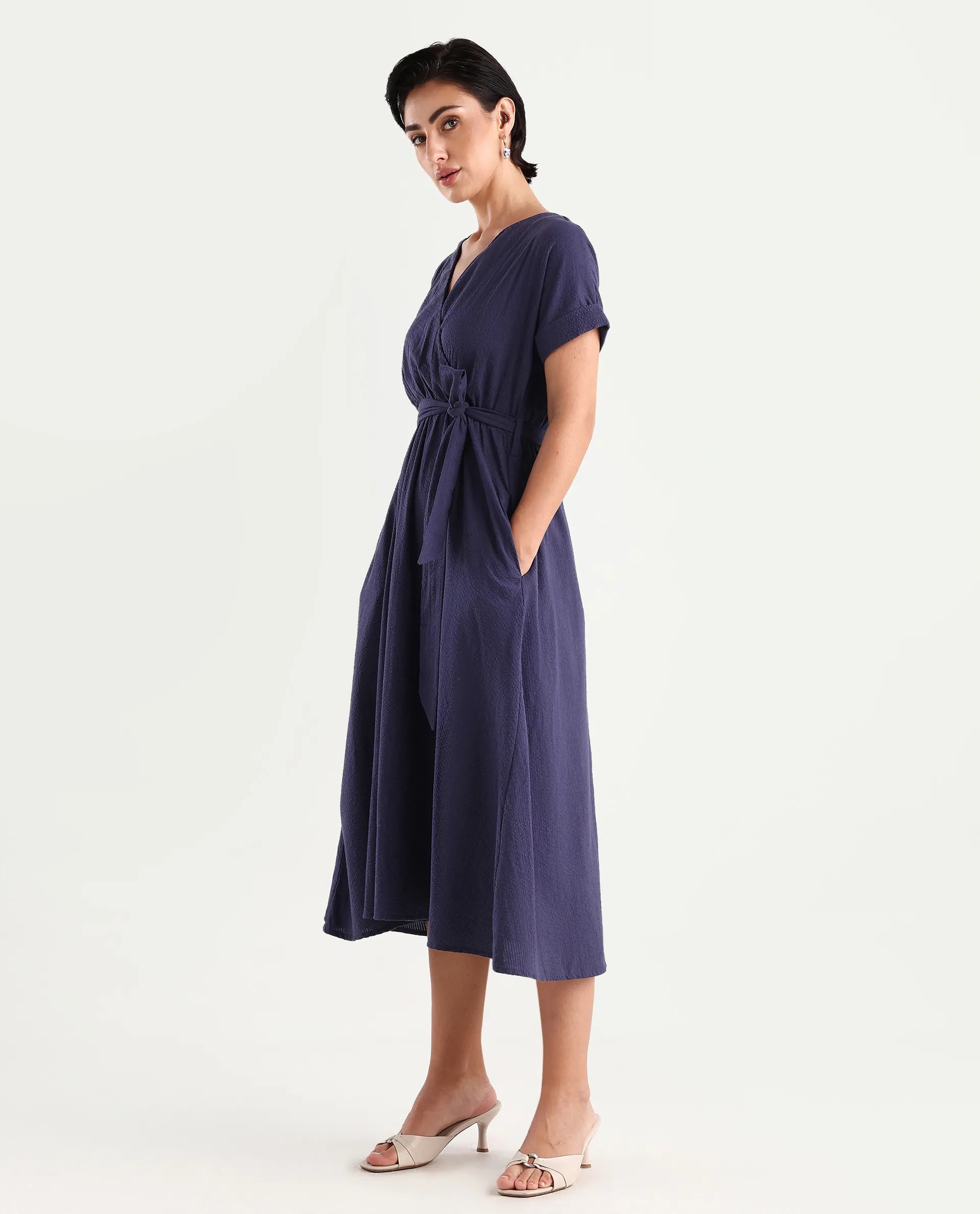 Rareism Women's Bhamin Navy Cotton Overlap Neck Plain Extended Sleeves Midi Fit And Flare Dress