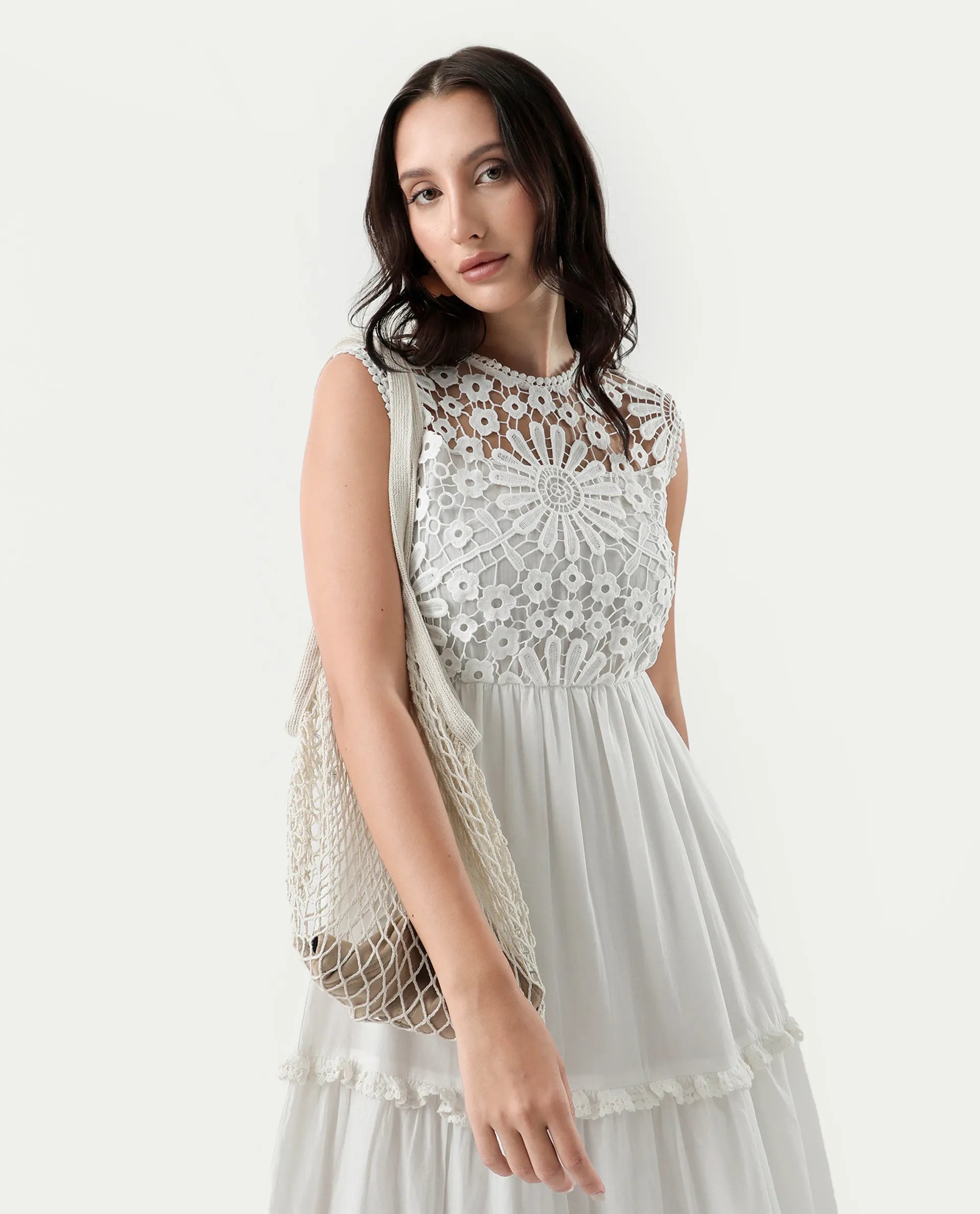 Rareism Women's Bhamona White Cotton Round Neck Plain Sleeveless Maxi Fit And Flare Dress