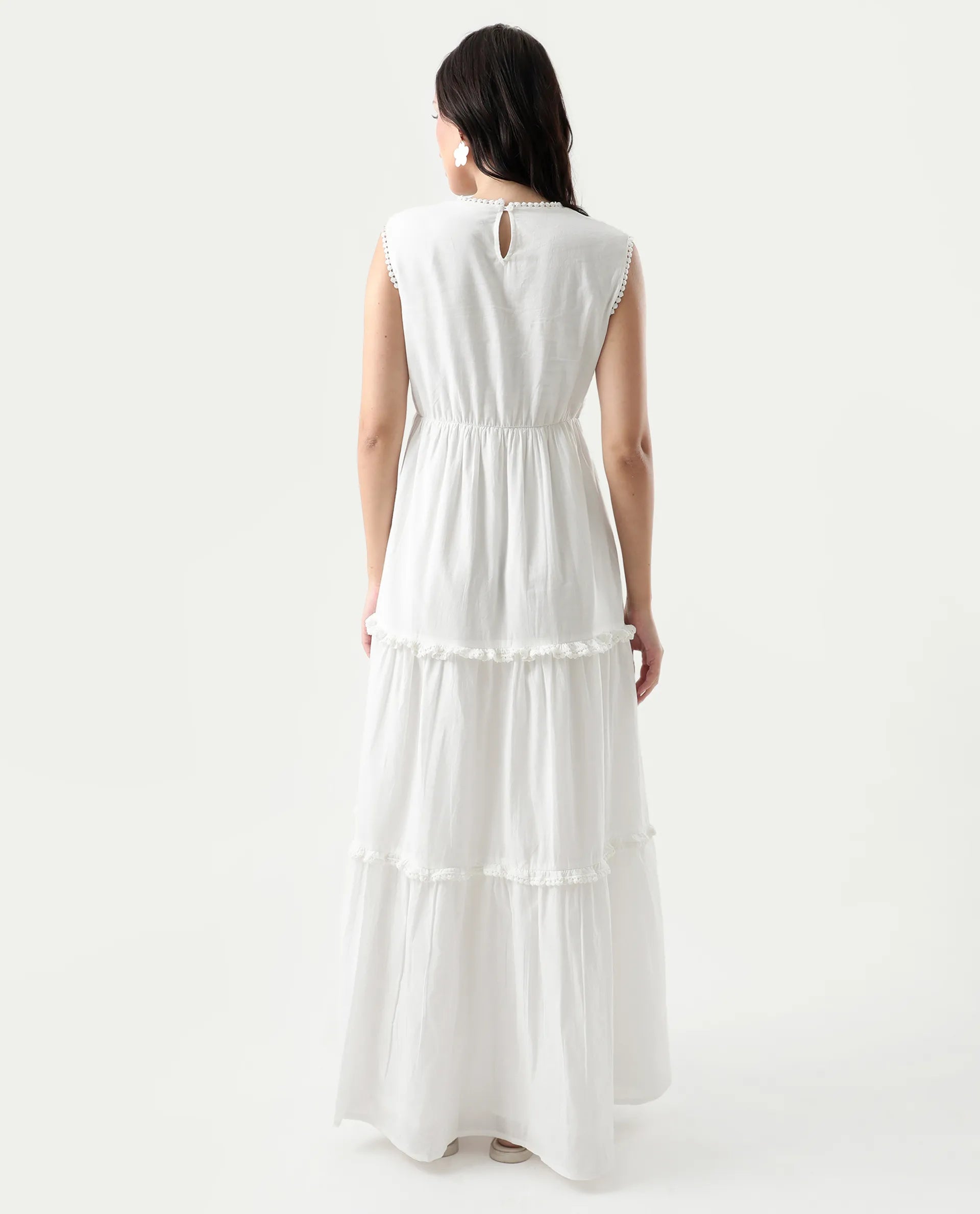 Rareism Women's Bhamona White Cotton Round Neck Plain Sleeveless Maxi Fit And Flare Dress