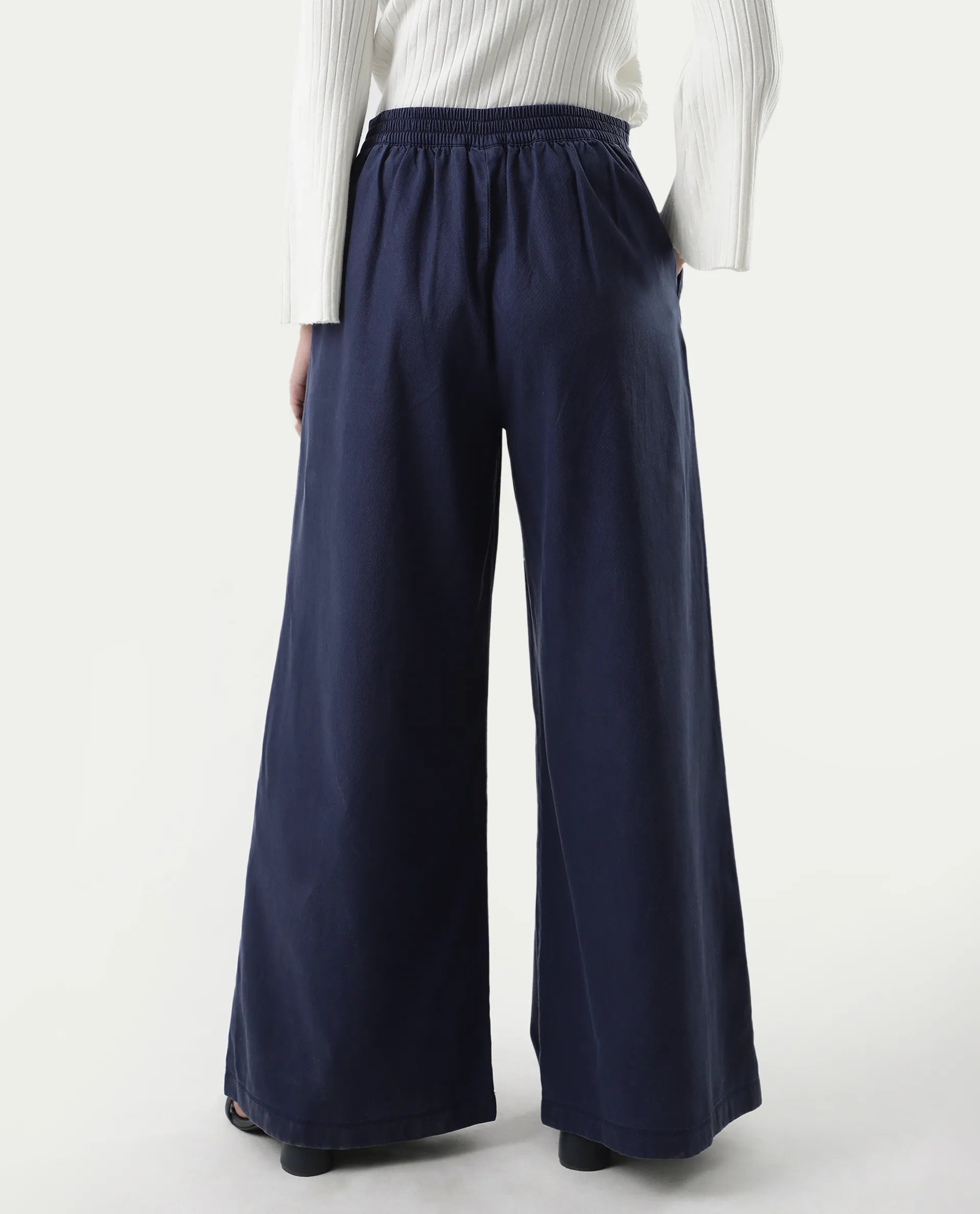 Rareism Women's Bhanella B Navy Cotton Blend Plain Ankle Length Flared Trouser