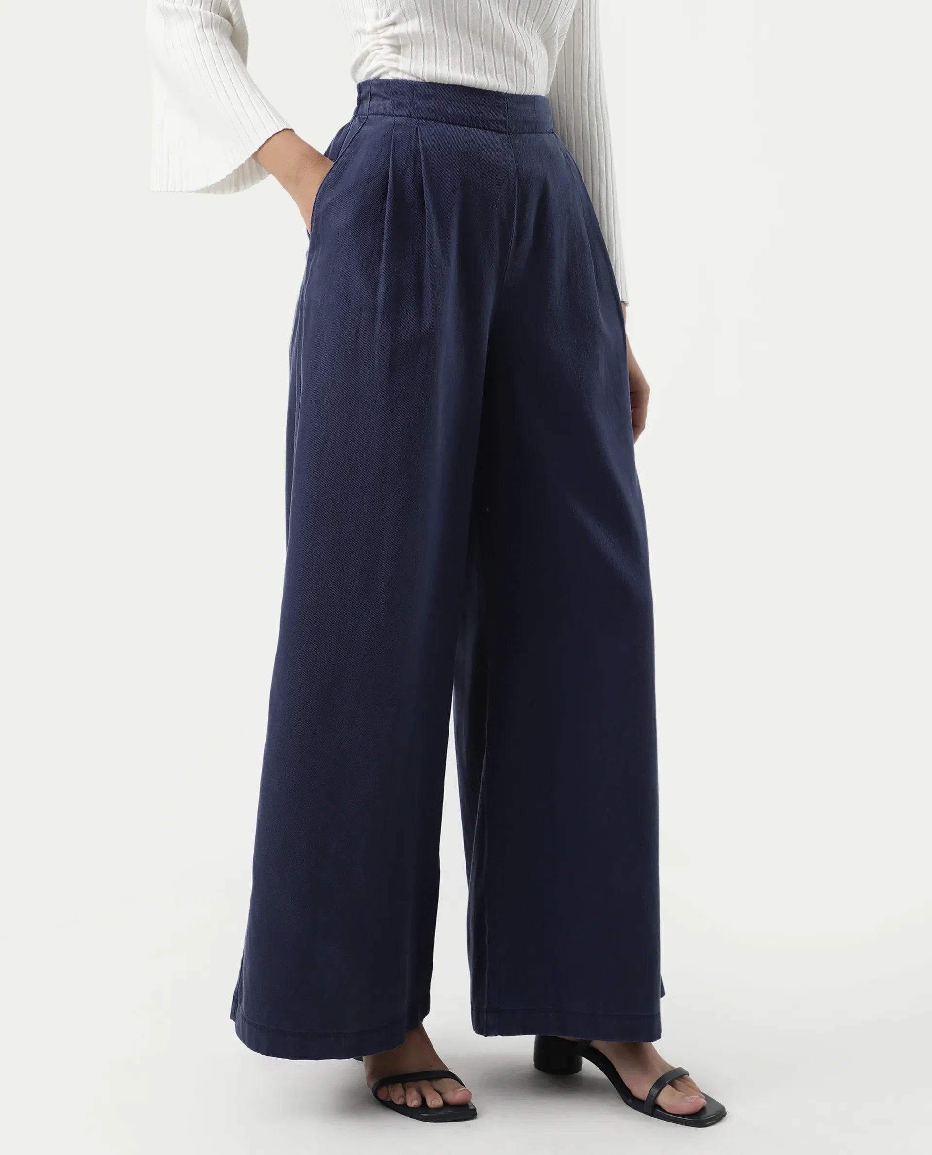 Rareism Women's Bhanella B Navy Cotton Blend Plain Ankle Length Flared Trouser