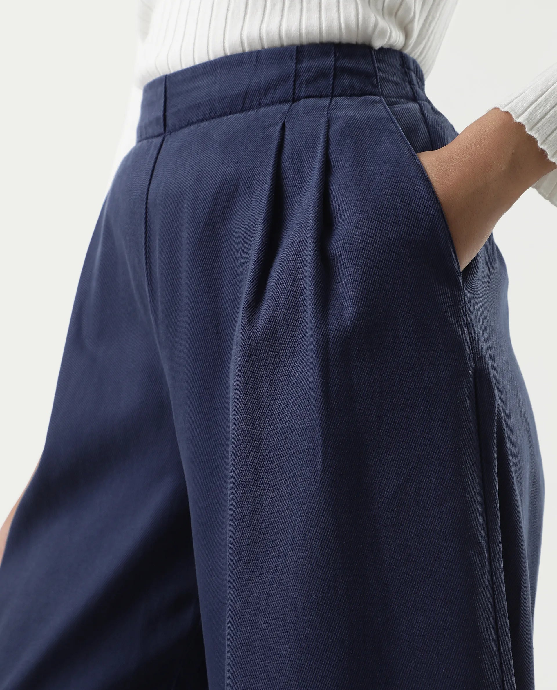 Rareism Women's Bhanella B Navy Cotton Blend Plain Ankle Length Flared Trouser