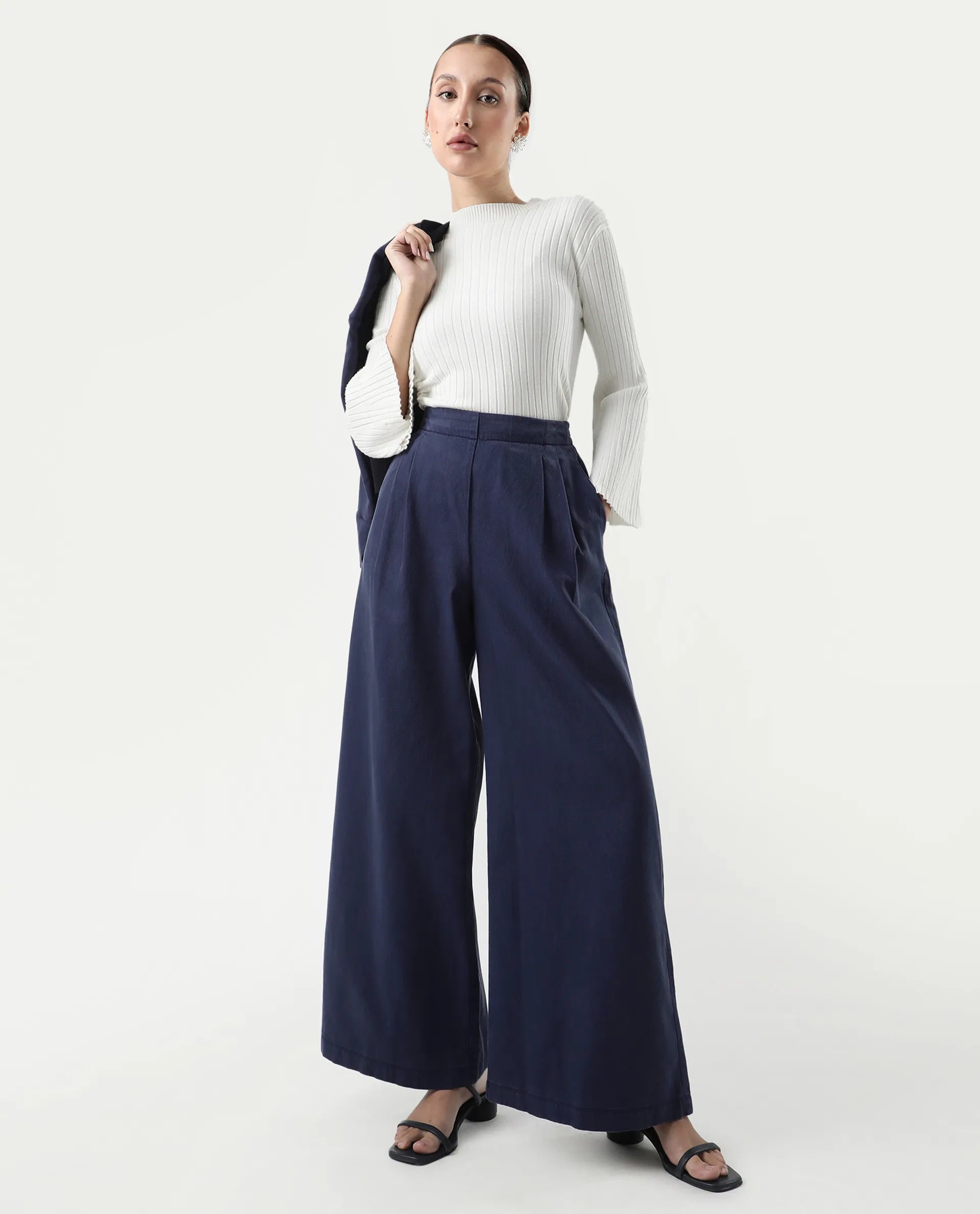 Rareism Women's Bhanella B Navy Cotton Blend Plain Ankle Length Flared Trouser