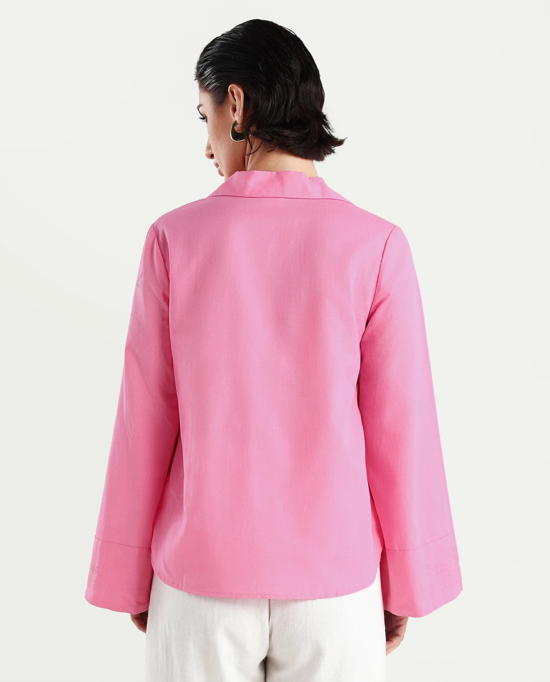 Rareism Women's Bhanis Light Pink Cotton Blend Spread Collar Plain Bell Sleeve Relaxed Fit Top