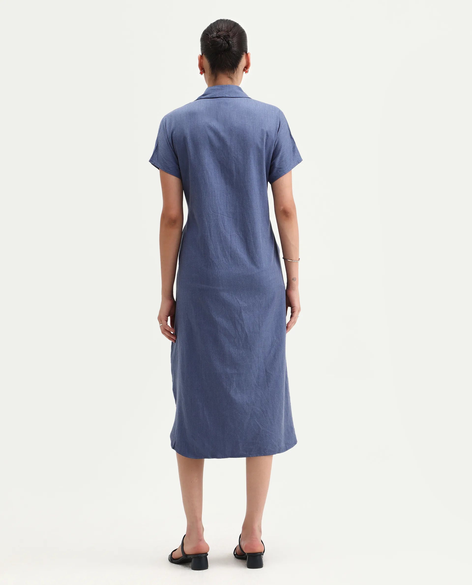 Rareism Women's Bhaque Light Blue Polyester Blend Spread Collar Plain Balloon Sleeve Midi Straight Fit Dress