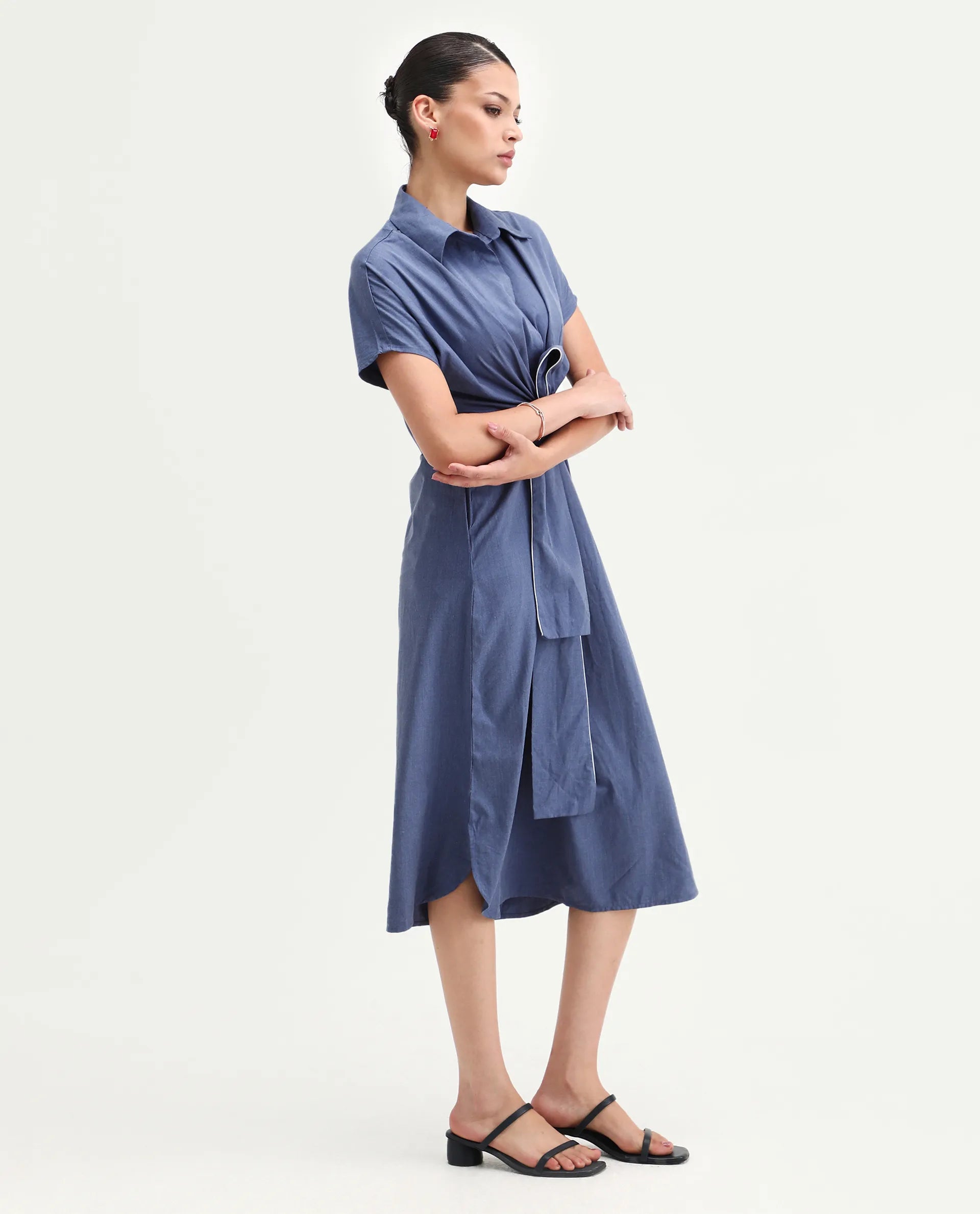 Rareism Women's Bhaque Light Blue Polyester Blend Spread Collar Plain Balloon Sleeve Midi Straight Fit Dress