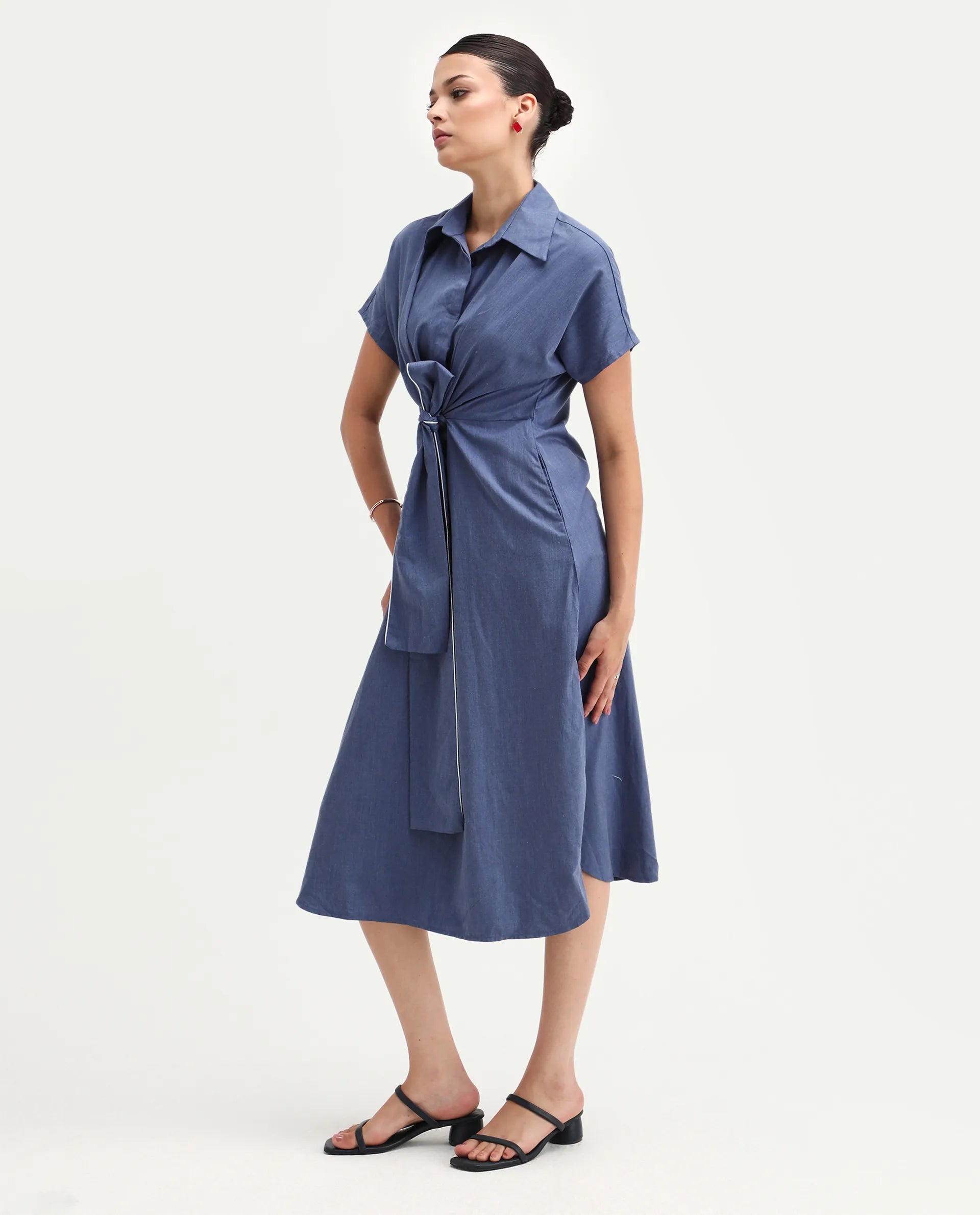 Rareism Women's Bhaque Light Blue Polyester Blend Spread Collar Plain Balloon Sleeve Midi Straight Fit Dress