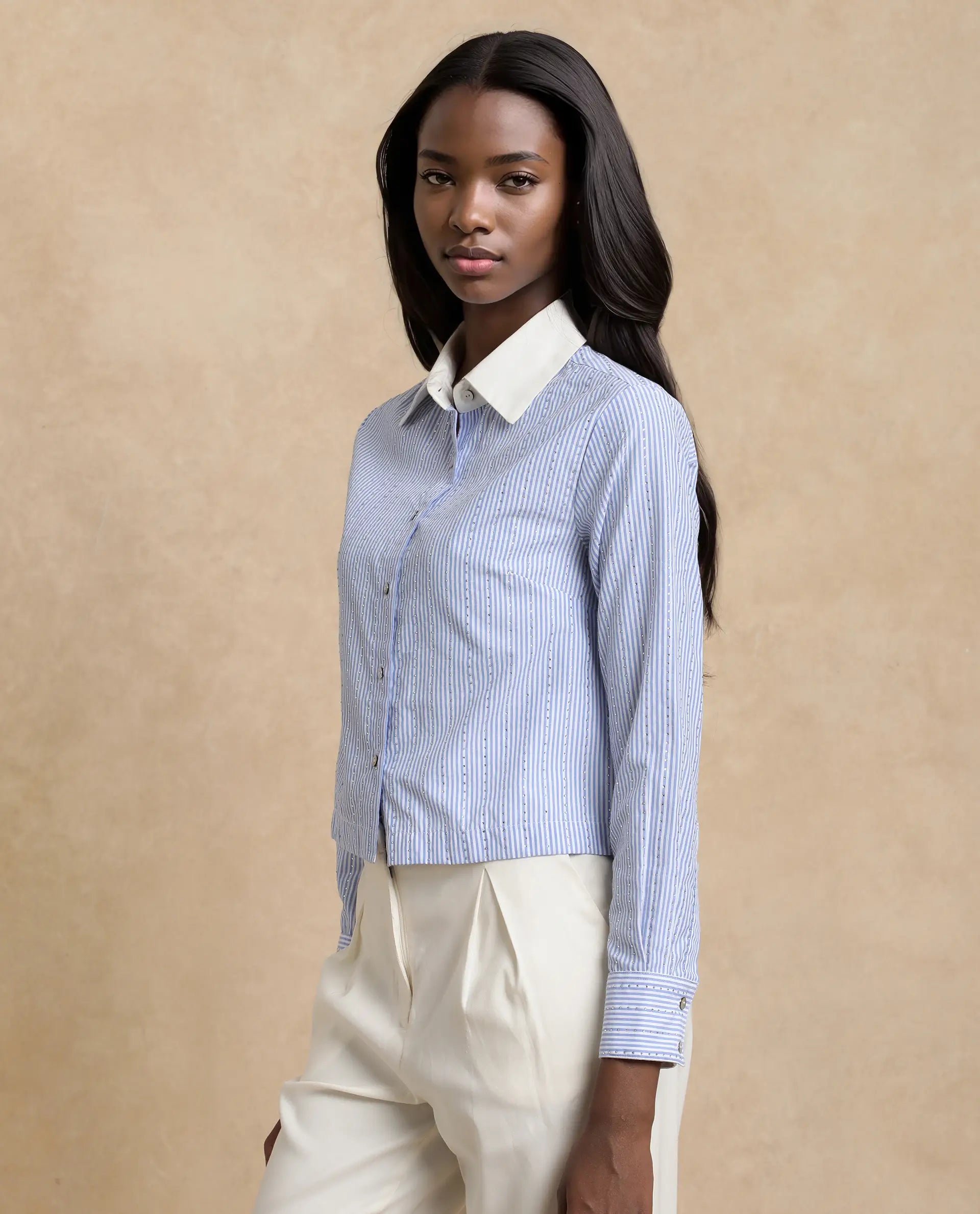 Rareism Women Bharli Light Blue Cotton Fabric Full Sleeve Collared Neck Button Closure Crop Narrow Stripes Shirt