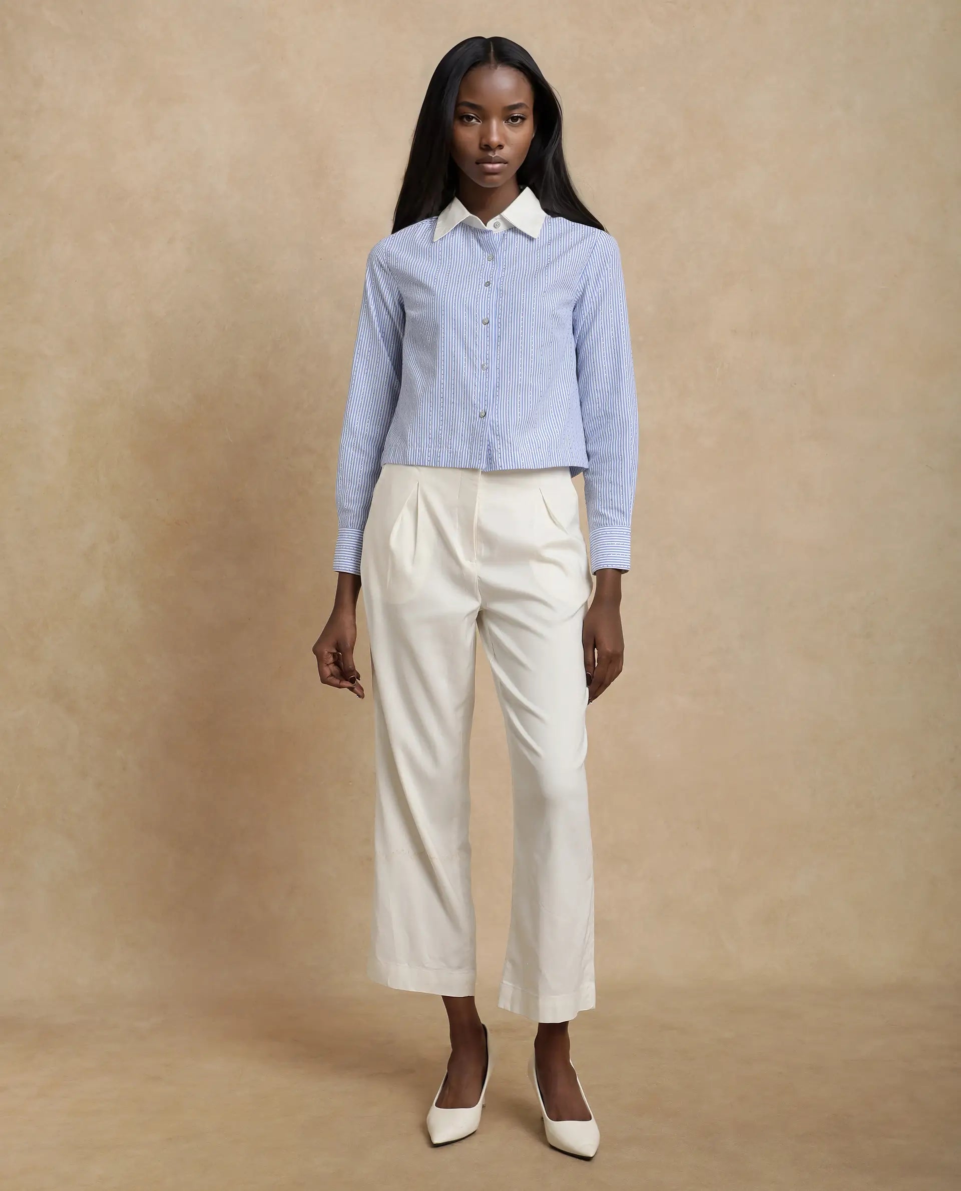 Rareism Women Bharli Light Blue Cotton Fabric Full Sleeve Collared Neck Button Closure Crop Narrow Stripes Shirt