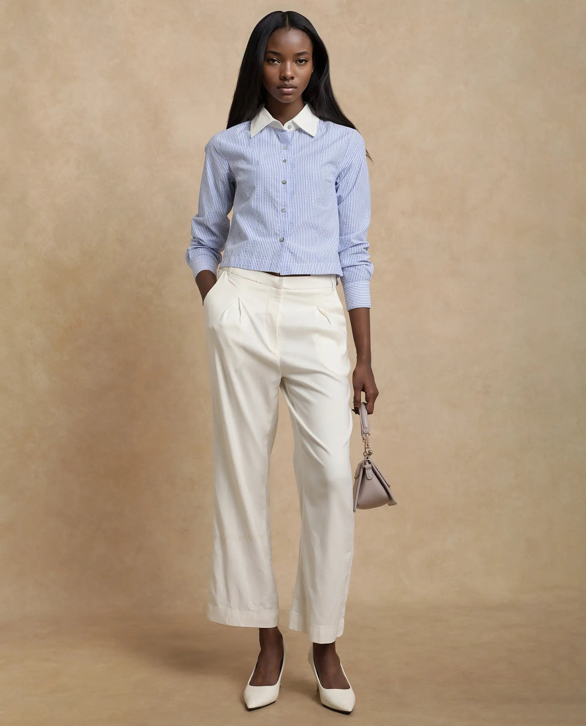 Rareism Women Bharli Light Blue Cotton Fabric Full Sleeve Collared Neck Button Closure Crop Narrow Stripes Shirt