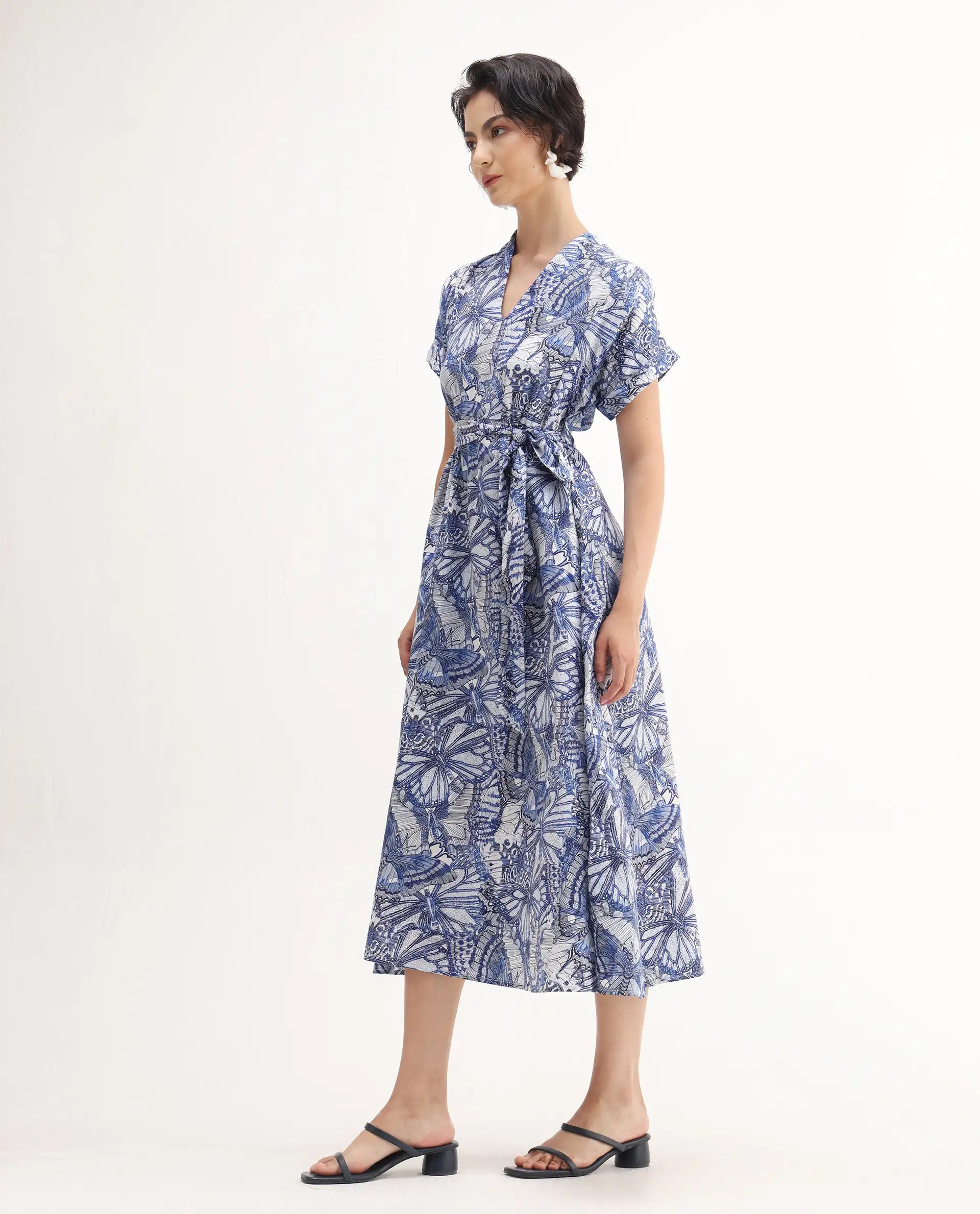 Rareism Women's Bharnaj Blue Cotton Johnny Collar Abstract Print Kimono Sleeve Midi Flared Dress