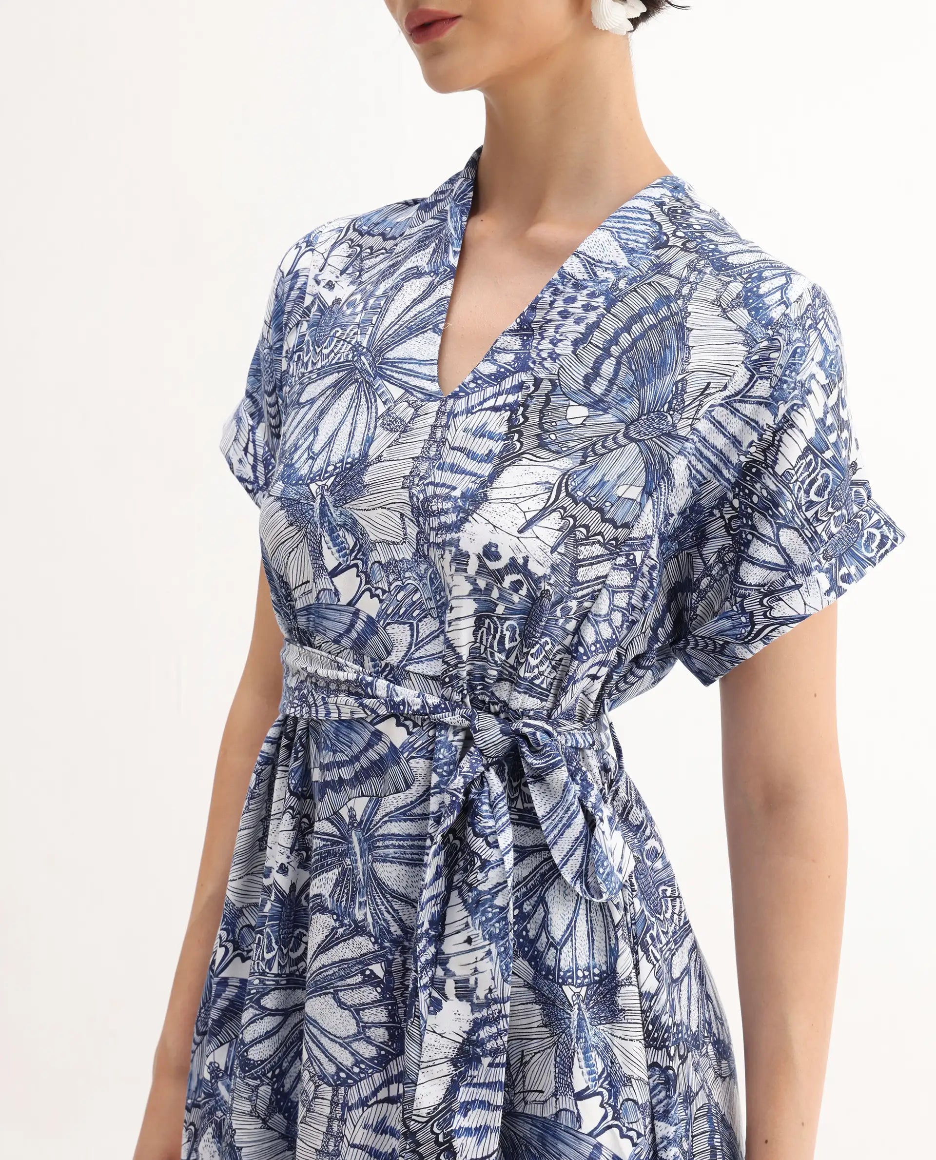 Rareism Women's Bharnaj Blue Cotton Johnny Collar Abstract Print Kimono Sleeve Midi Flared Dress