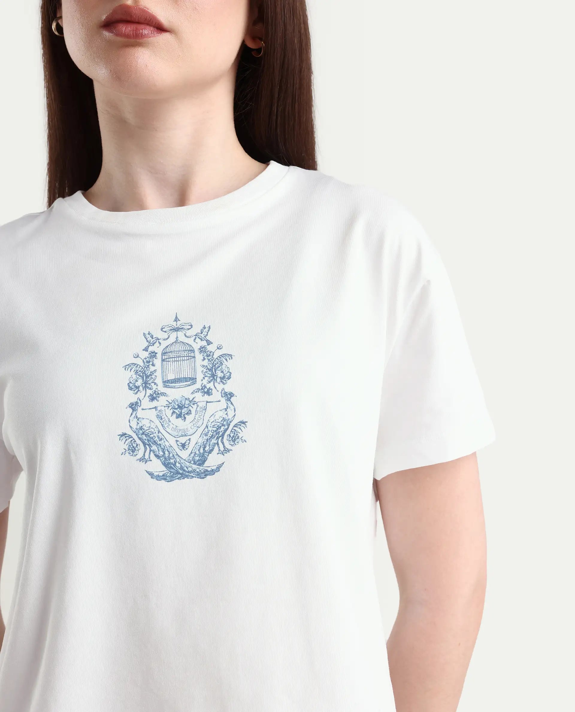 Rareism Women's Bharop Off White Cotton Blend Crew Neck Graphic Print Crop Regular Fit T-Shirt