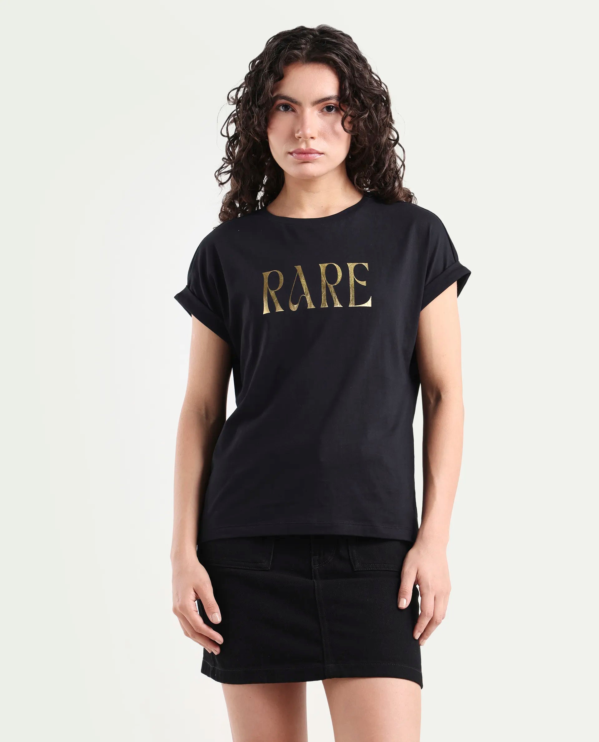 Rareism Women's Bhars Black Viscose Blend Crew Neck Regular Fit Typography Print T-Shirt