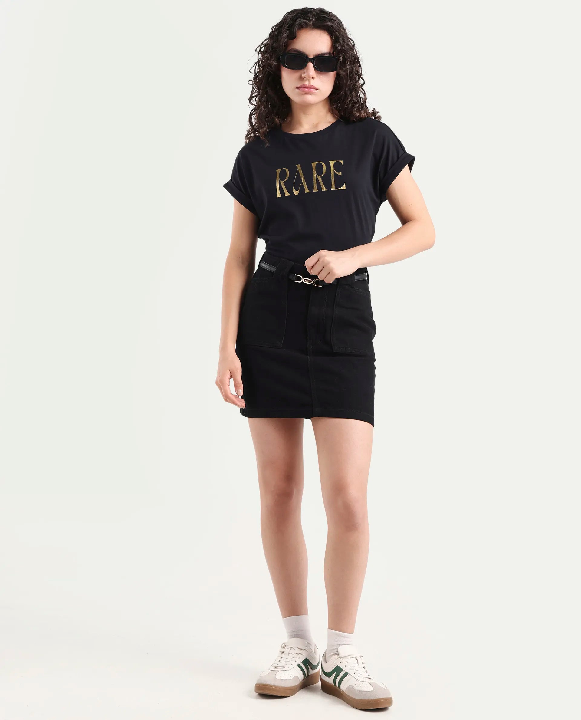 Rareism Women's Bhars Black Viscose Blend Crew Neck Regular Fit Typography Print T-Shirt