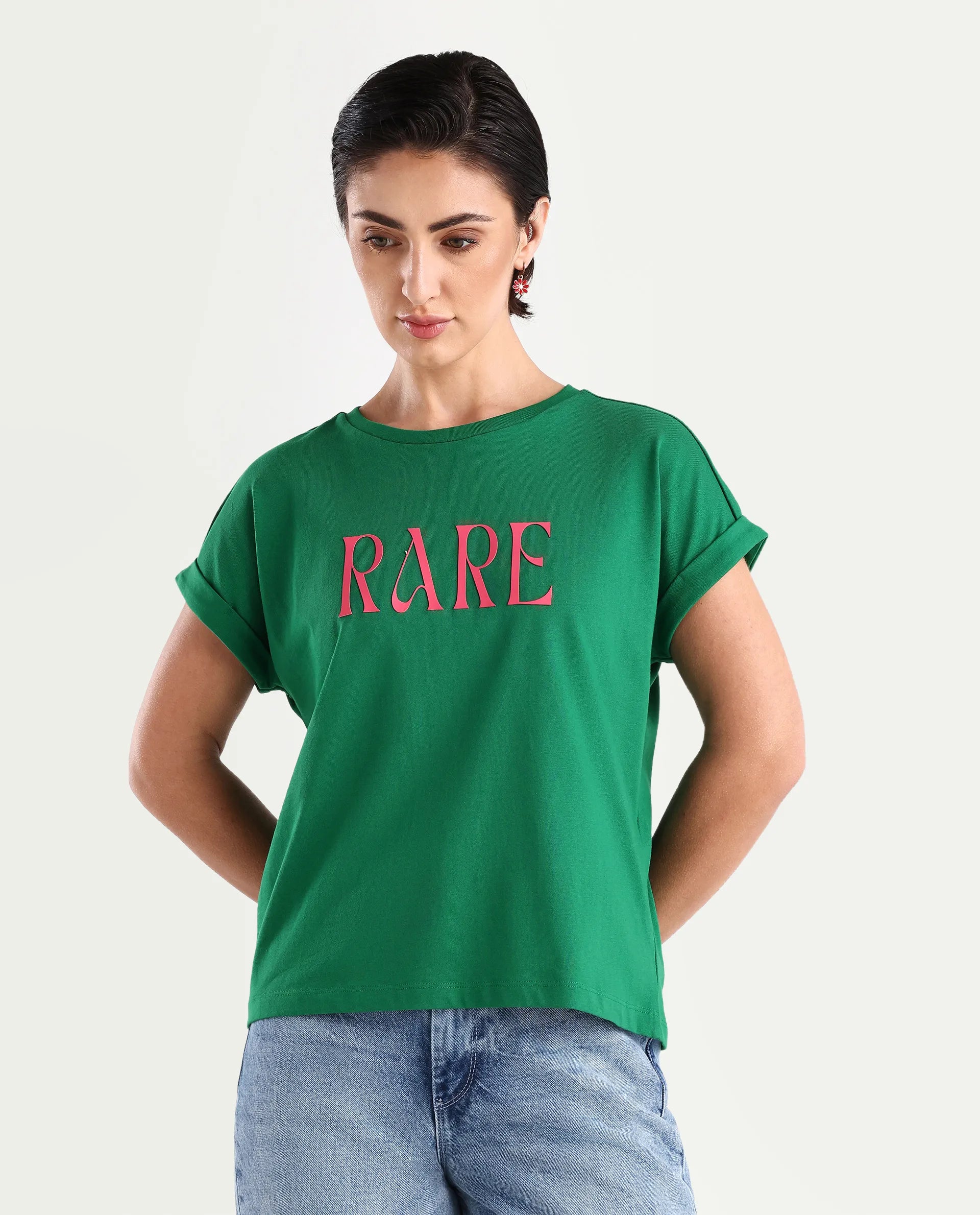 Rareism Women's Bhars Green Cotton Crew Neck Typography Print Extended Sleeves Regular Fit T-Shirt