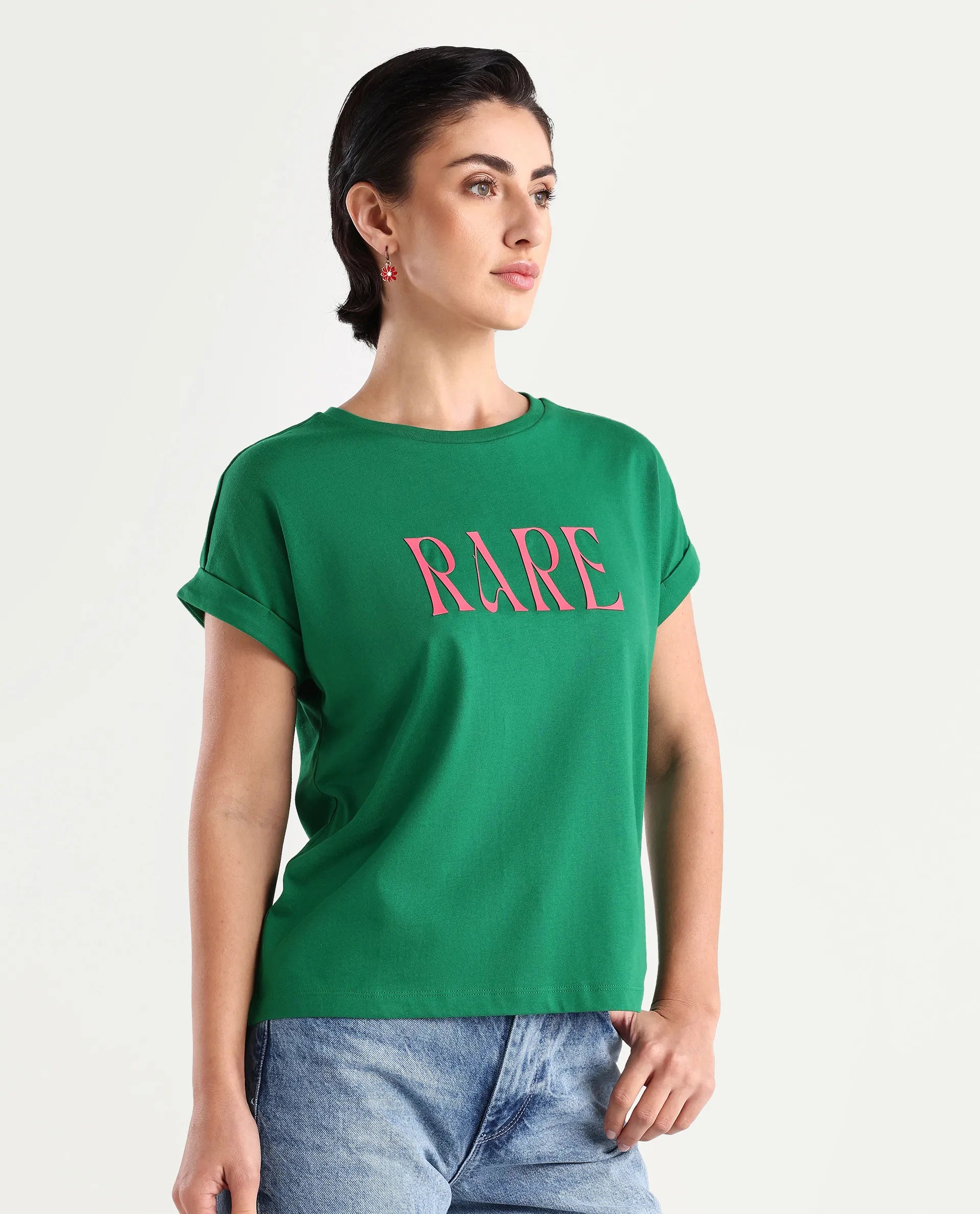 Rareism Women's Bhars Green Cotton Crew Neck Typography Print Extended Sleeves Regular Fit T-Shirt