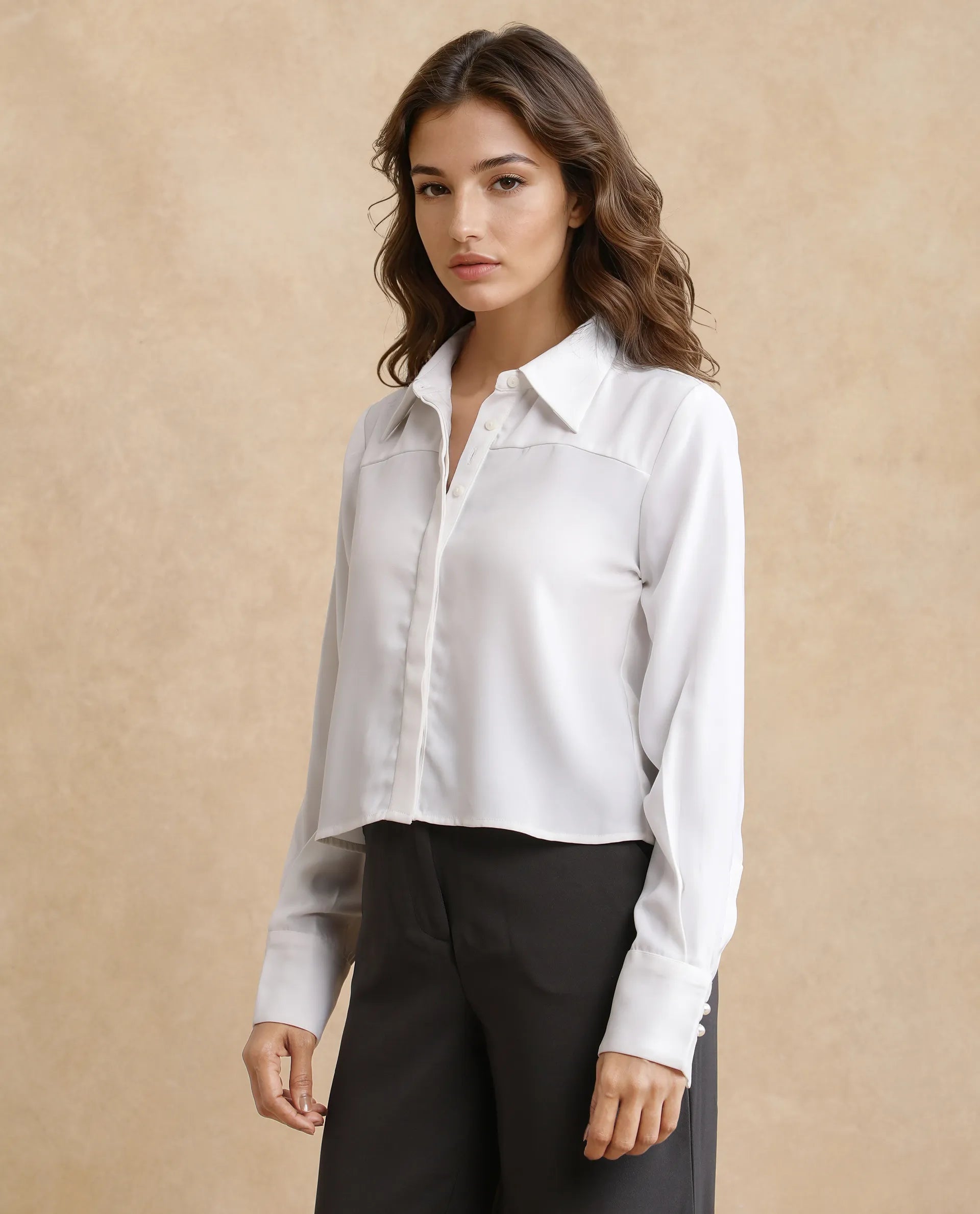 Rareism Women's Bharvik White Polyester Spread Collar Plain Cuffed Sleeve Crop Relaxed Fit Shirt
