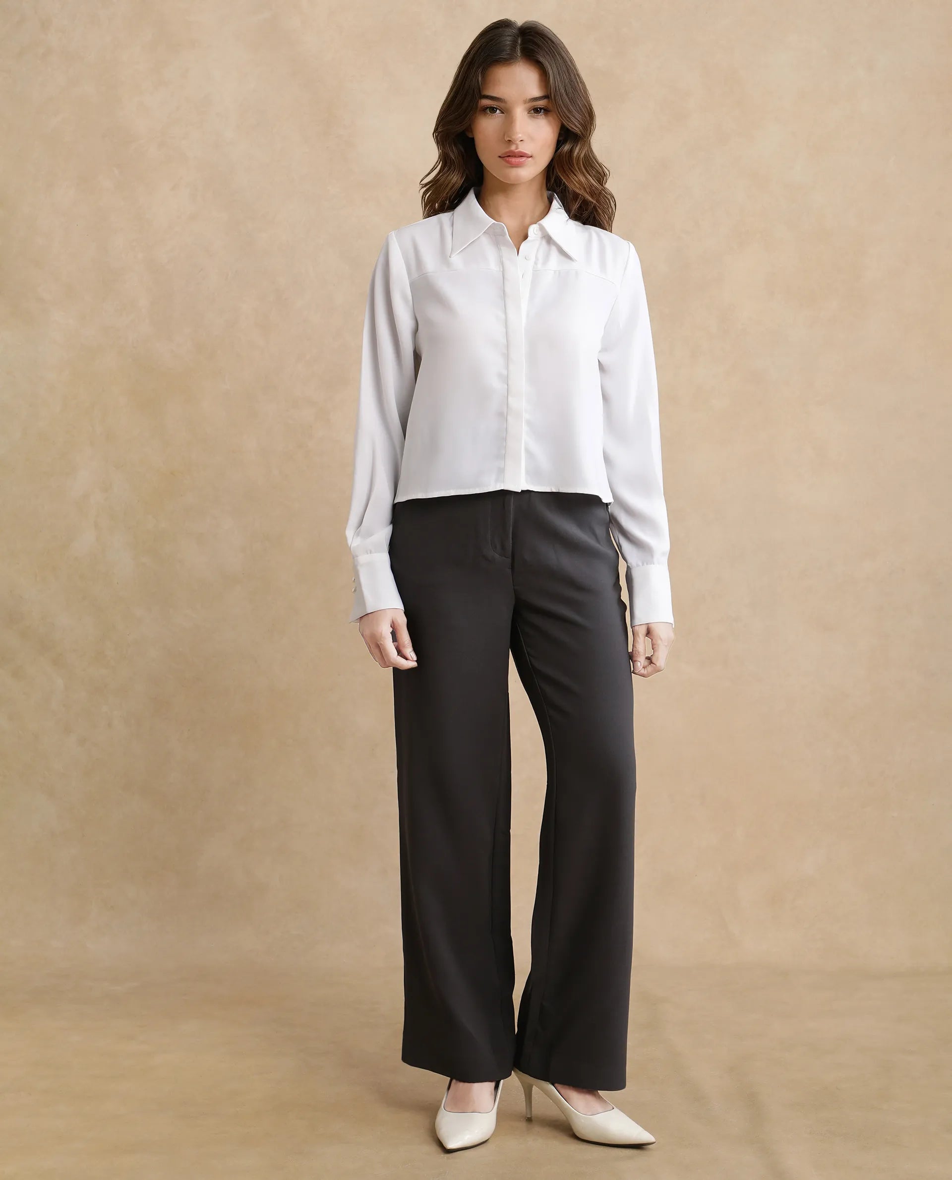 Rareism Women's Bharvik White Polyester Spread Collar Plain Cuffed Sleeve Crop Relaxed Fit Shirt