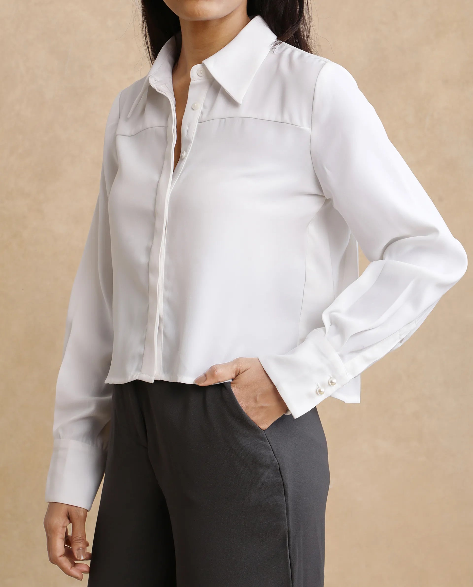 Rareism Women's Bharvik White Polyester Spread Collar Plain Cuffed Sleeve Crop Relaxed Fit Shirt