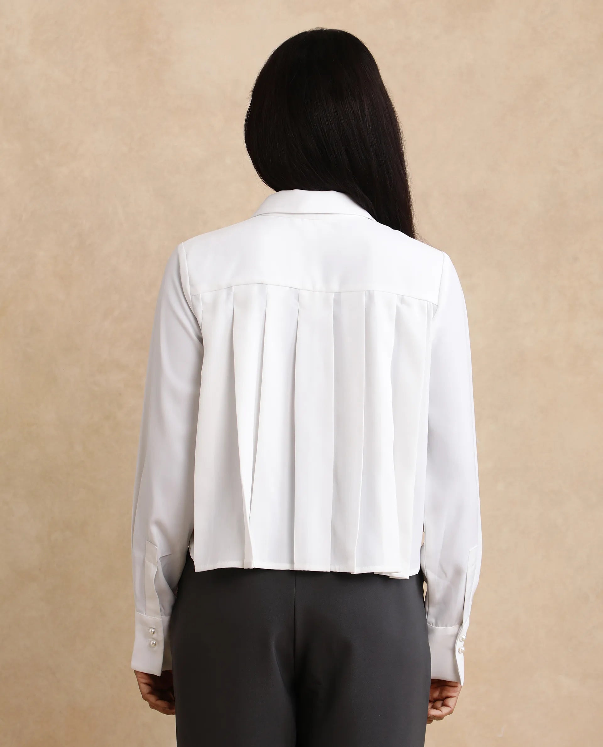 Rareism Women's Bharvik White Polyester Spread Collar Plain Cuffed Sleeve Crop Relaxed Fit Shirt