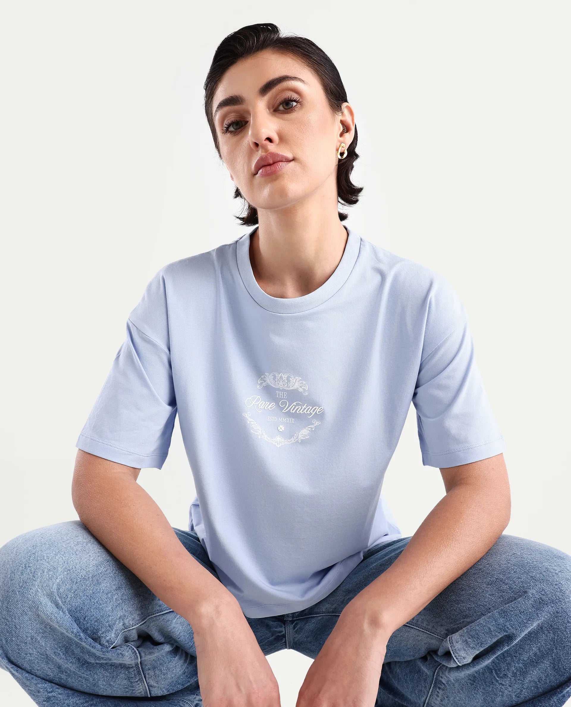 Rareism Women's Bhasi Light Blue Cotton Blend Crew Neck Graphic Print Boxy Fit T-Shirt