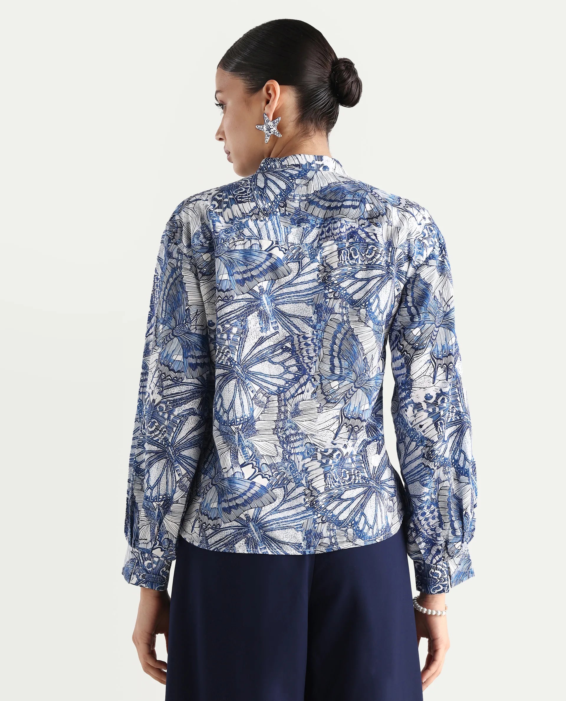 Rareism Women's Bhasny Blue Tencel Mandarin Collar Abstract Print Puff Sleeves Regular Fit Top