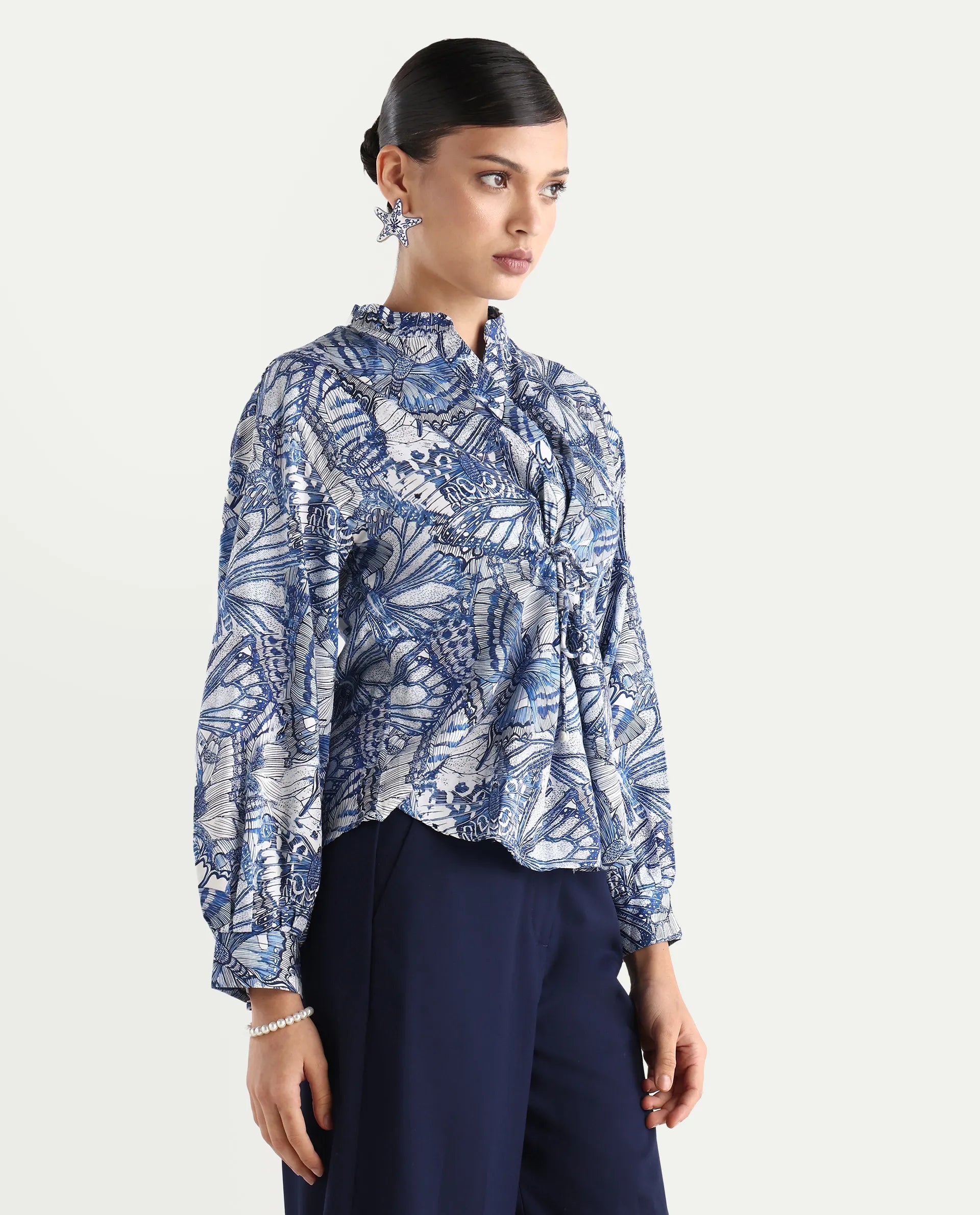 Rareism Women's Bhasny Blue Tencel Mandarin Collar Abstract Print Puff Sleeves Regular Fit Top