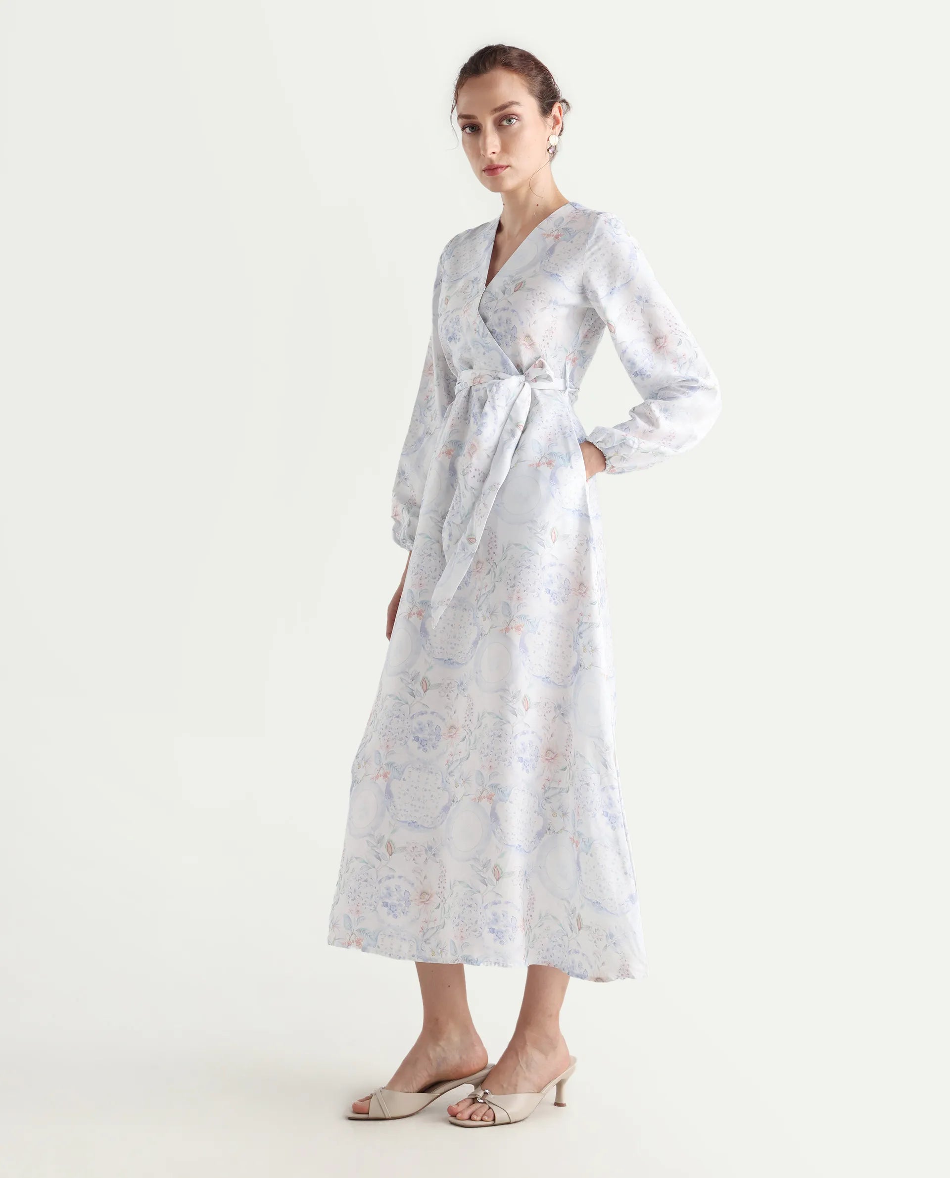 Rareism Women's Bhaxjo Light Multi Tencel V-Neck Abstract Print Midi A-Line Dress