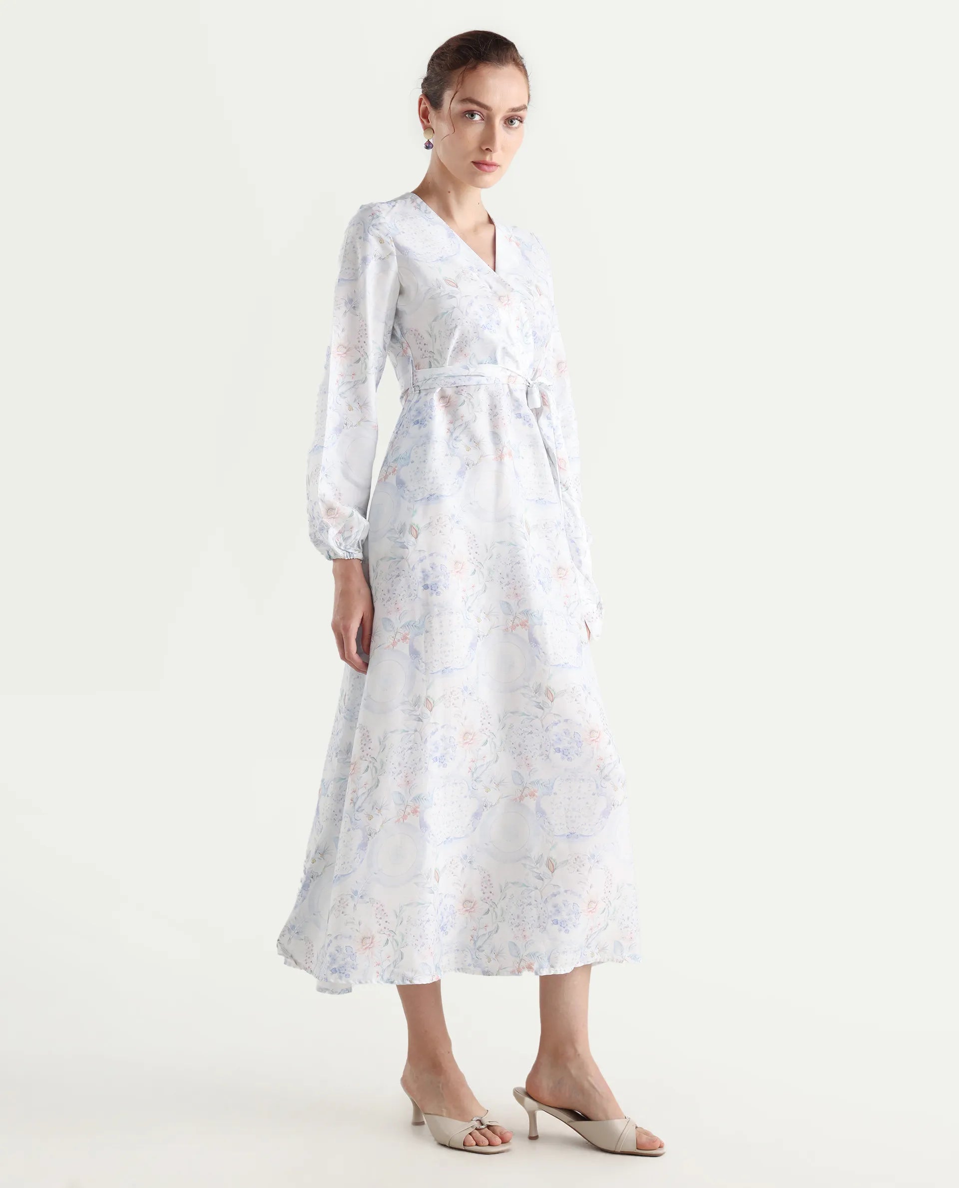 Rareism Women's Bhaxjo Light Multi Tencel V-Neck Abstract Print Midi A-Line Dress