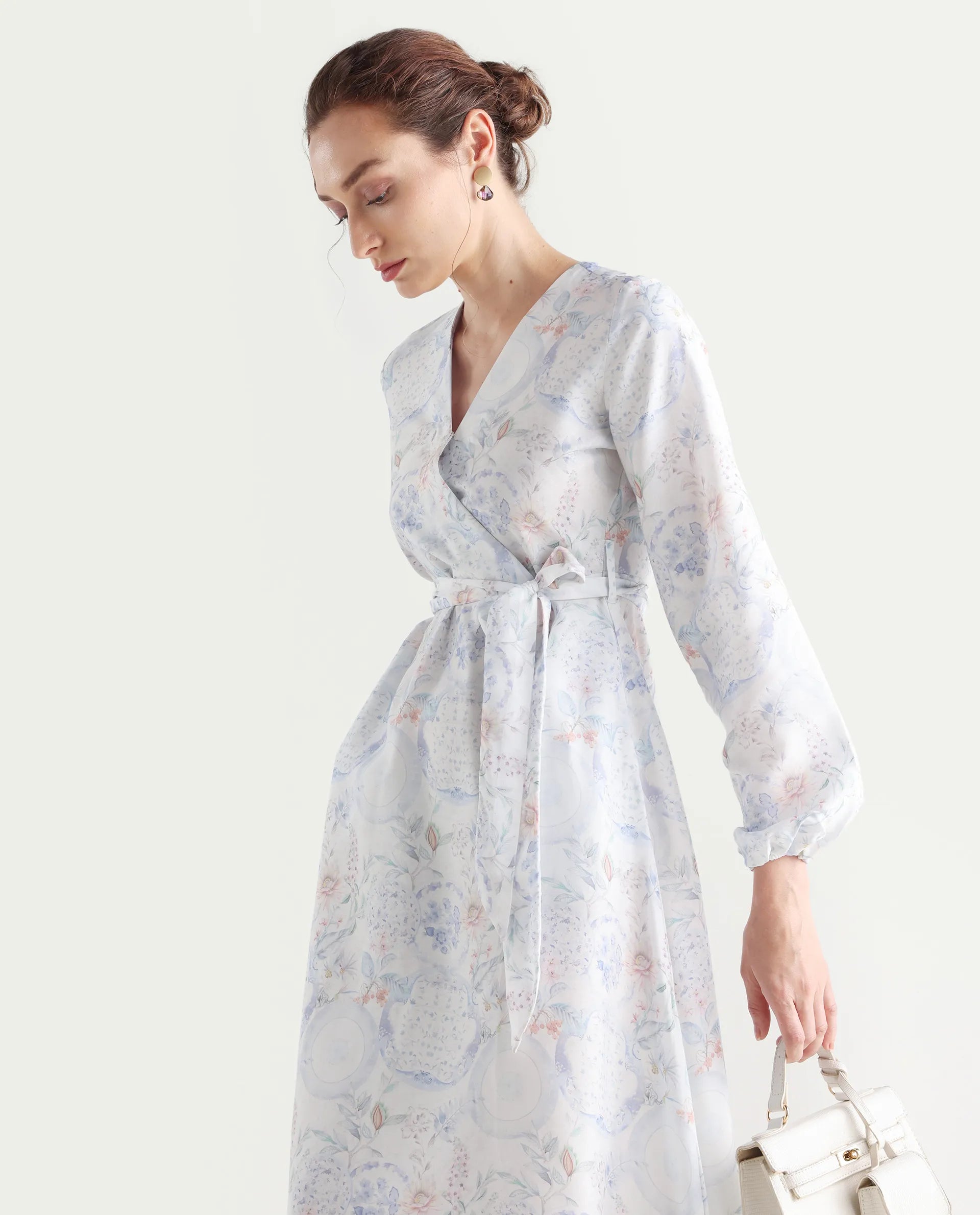 Rareism Women's Bhaxjo Light Multi Tencel V-Neck Abstract Print Midi A-Line Dress