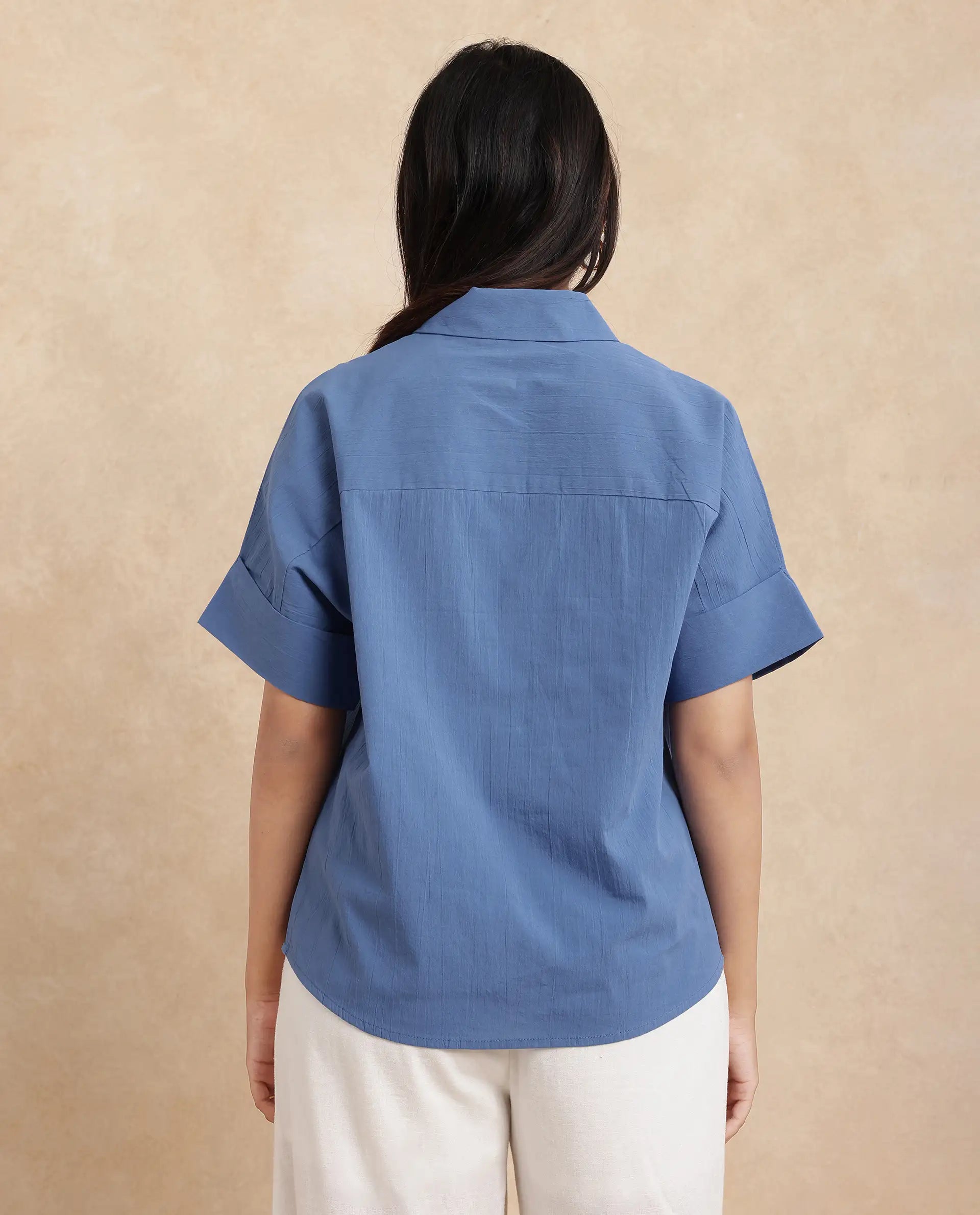 Rareism Women Bhayas Blue Cotton Blend Fabric Short Sleeve Johnny Collar Button Closure Boxy Fit Regular Length Plain Top