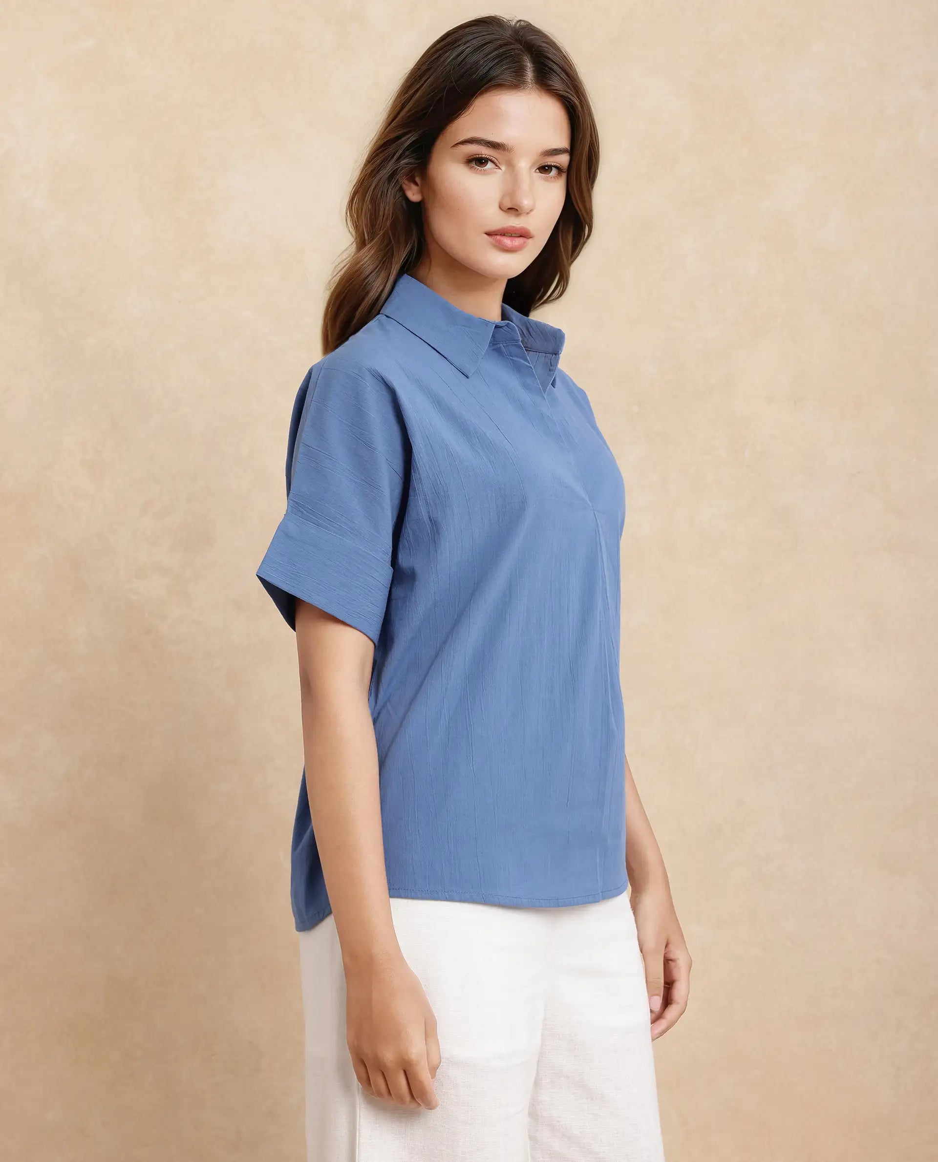 Rareism Women Bhayas Blue Cotton Blend Fabric Short Sleeve Johnny Collar Button Closure Boxy Fit Regular Length Plain Top