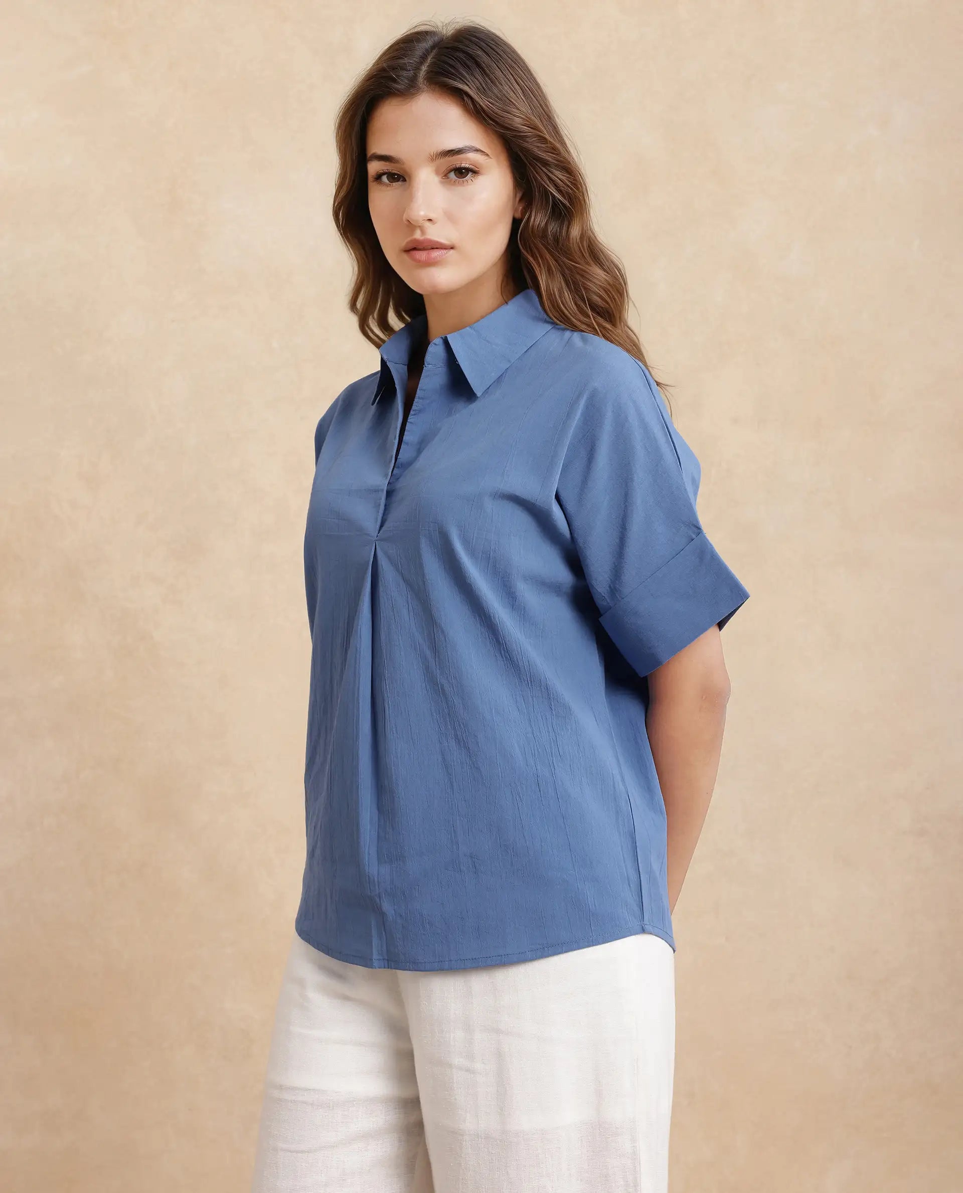 Rareism Women Bhayas Blue Cotton Blend Fabric Short Sleeve Johnny Collar Button Closure Boxy Fit Regular Length Plain Top