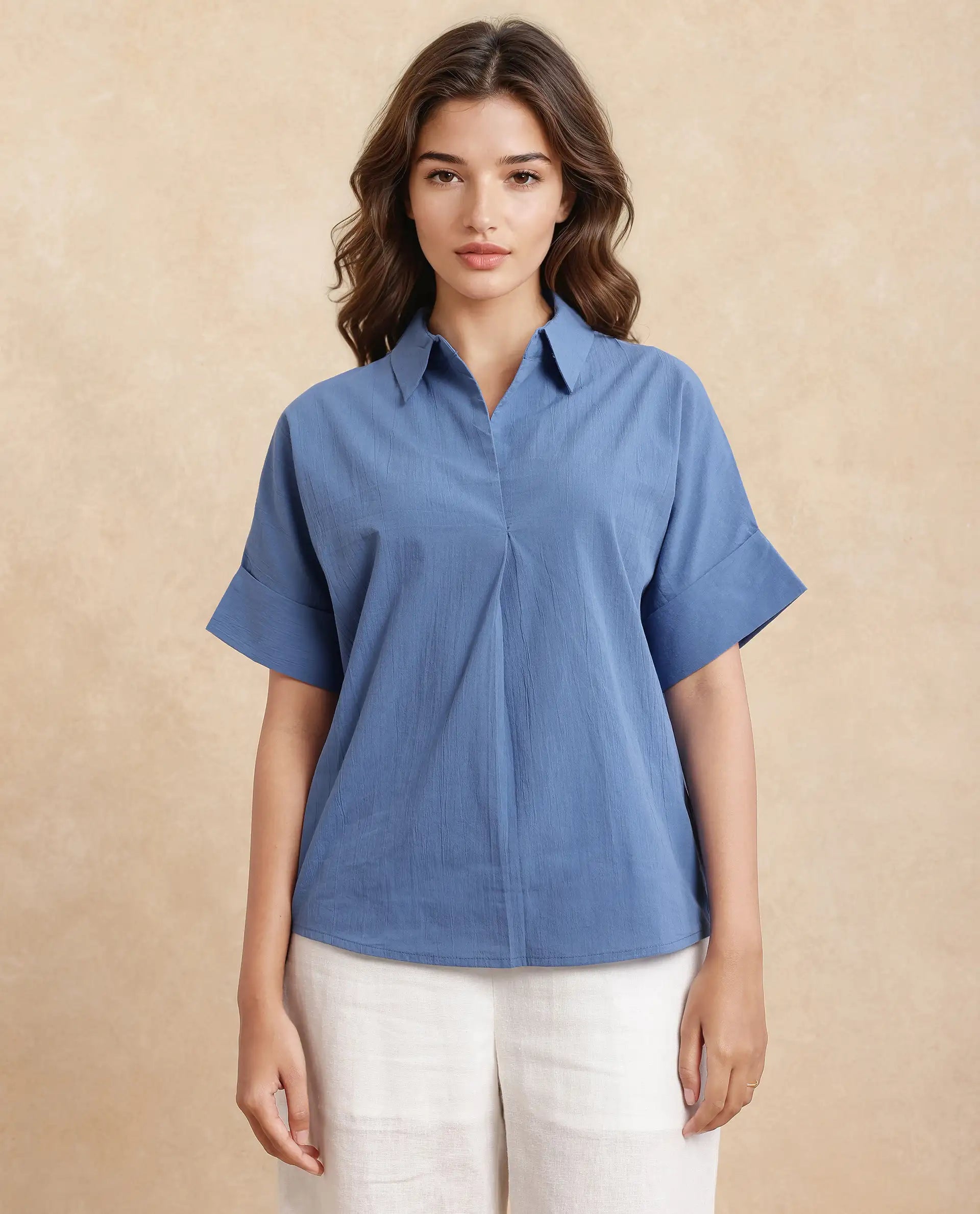 Rareism Women Bhayas Blue Cotton Blend Fabric Short Sleeve Johnny Collar Button Closure Boxy Fit Regular Length Plain Top