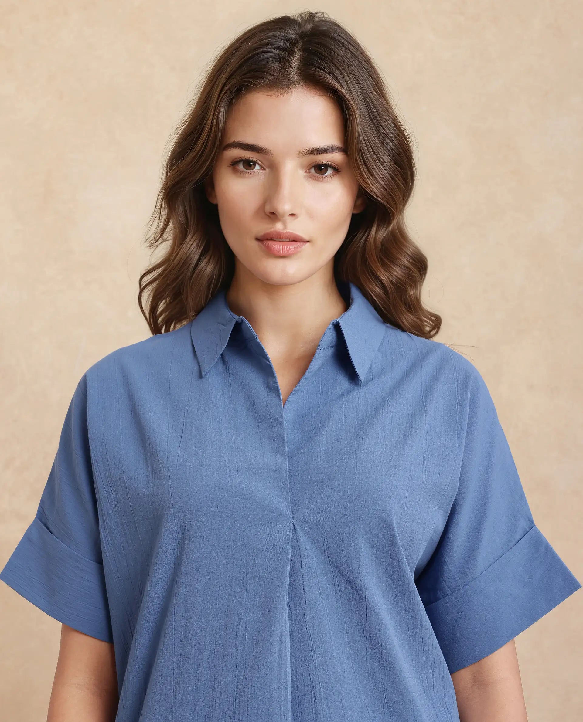 Rareism Women Bhayas Blue Cotton Blend Fabric Short Sleeve Johnny Collar Button Closure Boxy Fit Regular Length Plain Top