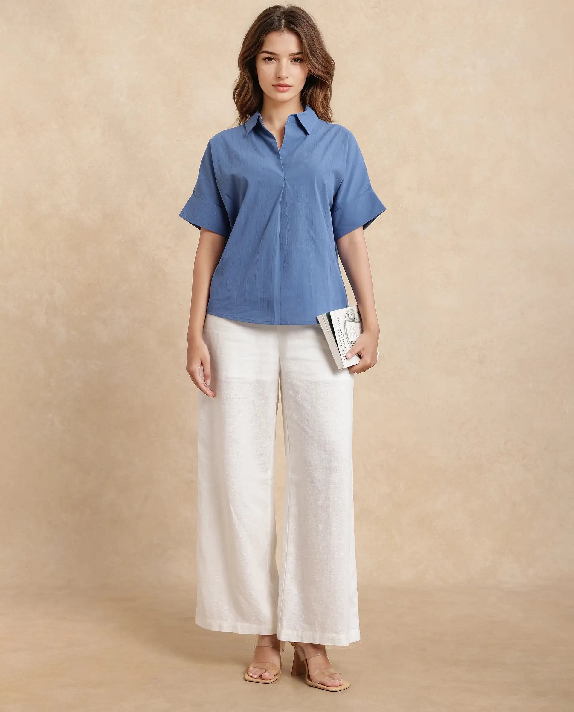 Rareism Women Bhayas Blue Cotton Blend Fabric Short Sleeve Johnny Collar Button Closure Boxy Fit Regular Length Plain Top