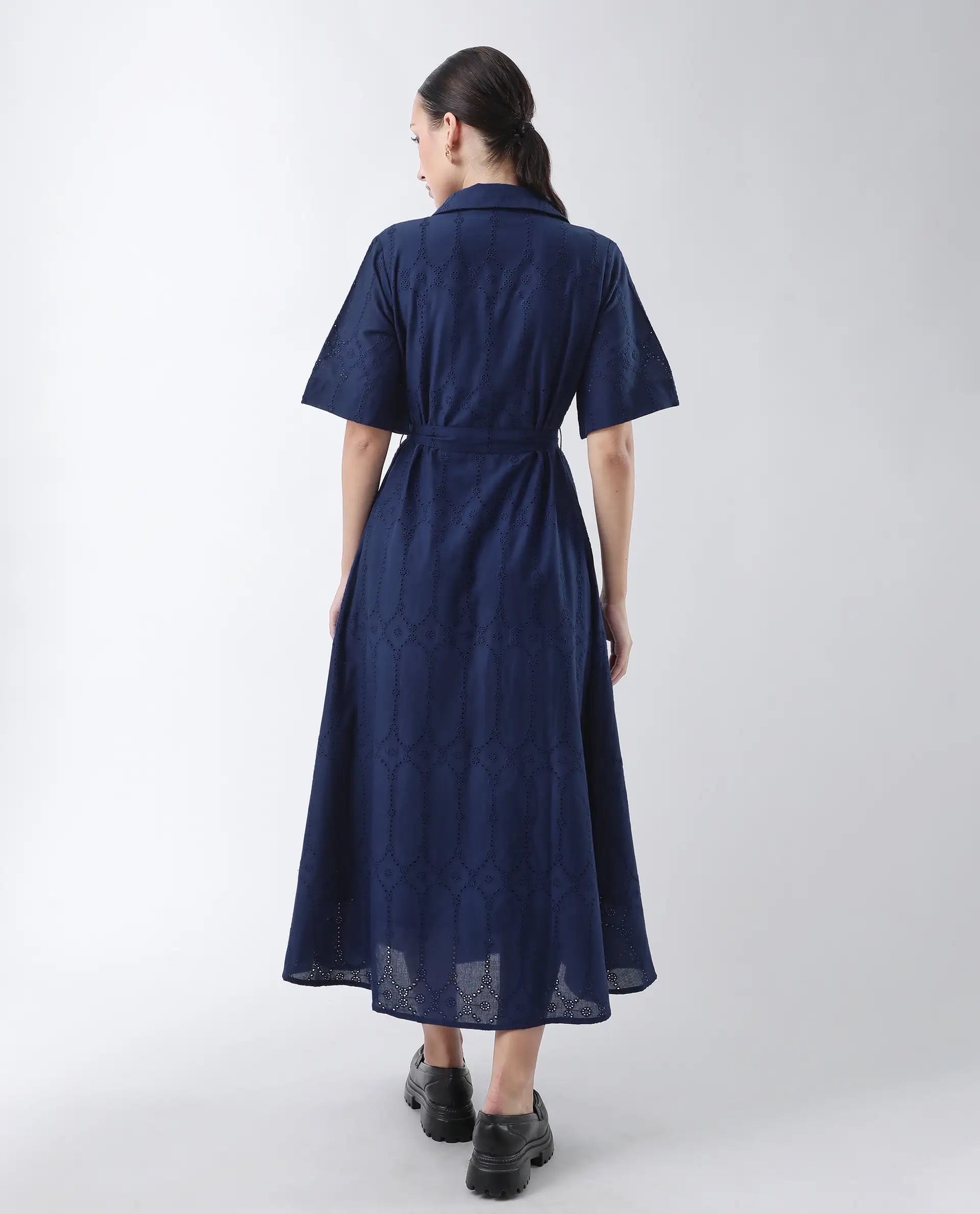 Rareism Women's Bhazlo Navy Cotton Spread Collar Plain Midi A-Line Dress
