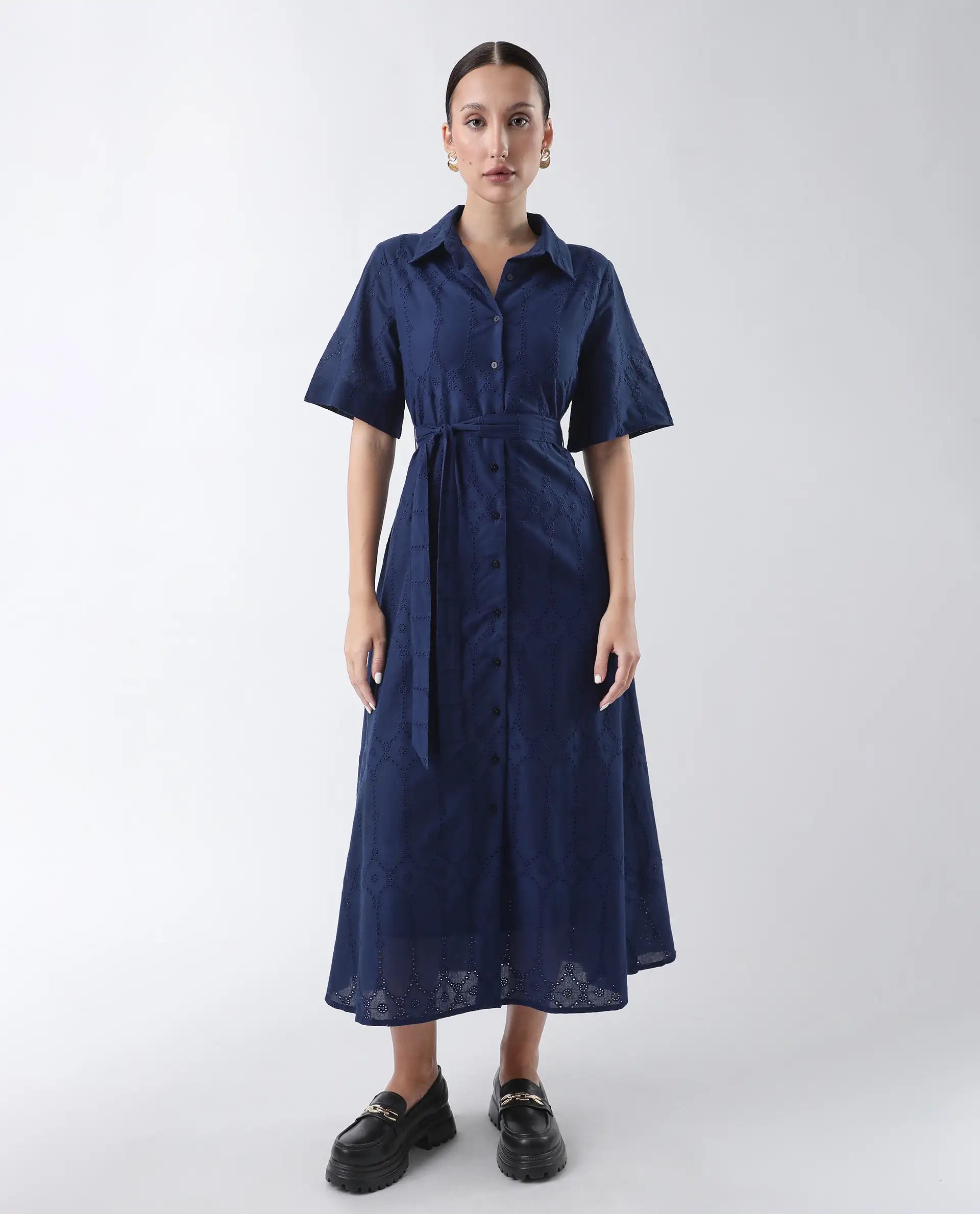 Rareism Women's Bhazlo Navy Cotton Spread Collar Plain Midi A-Line Dress