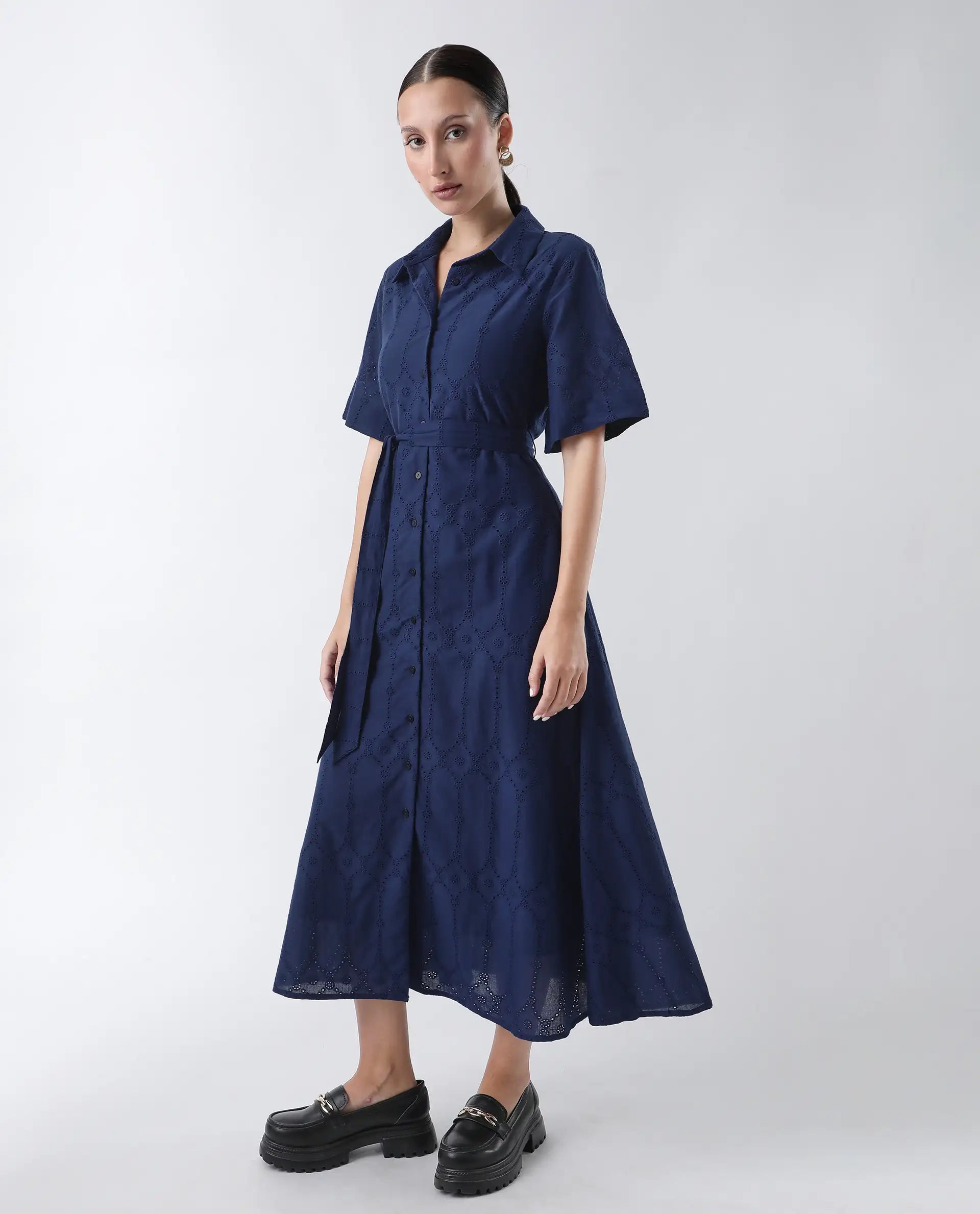 Rareism Women's Bhazlo Navy Cotton Spread Collar Plain Midi A-Line Dress