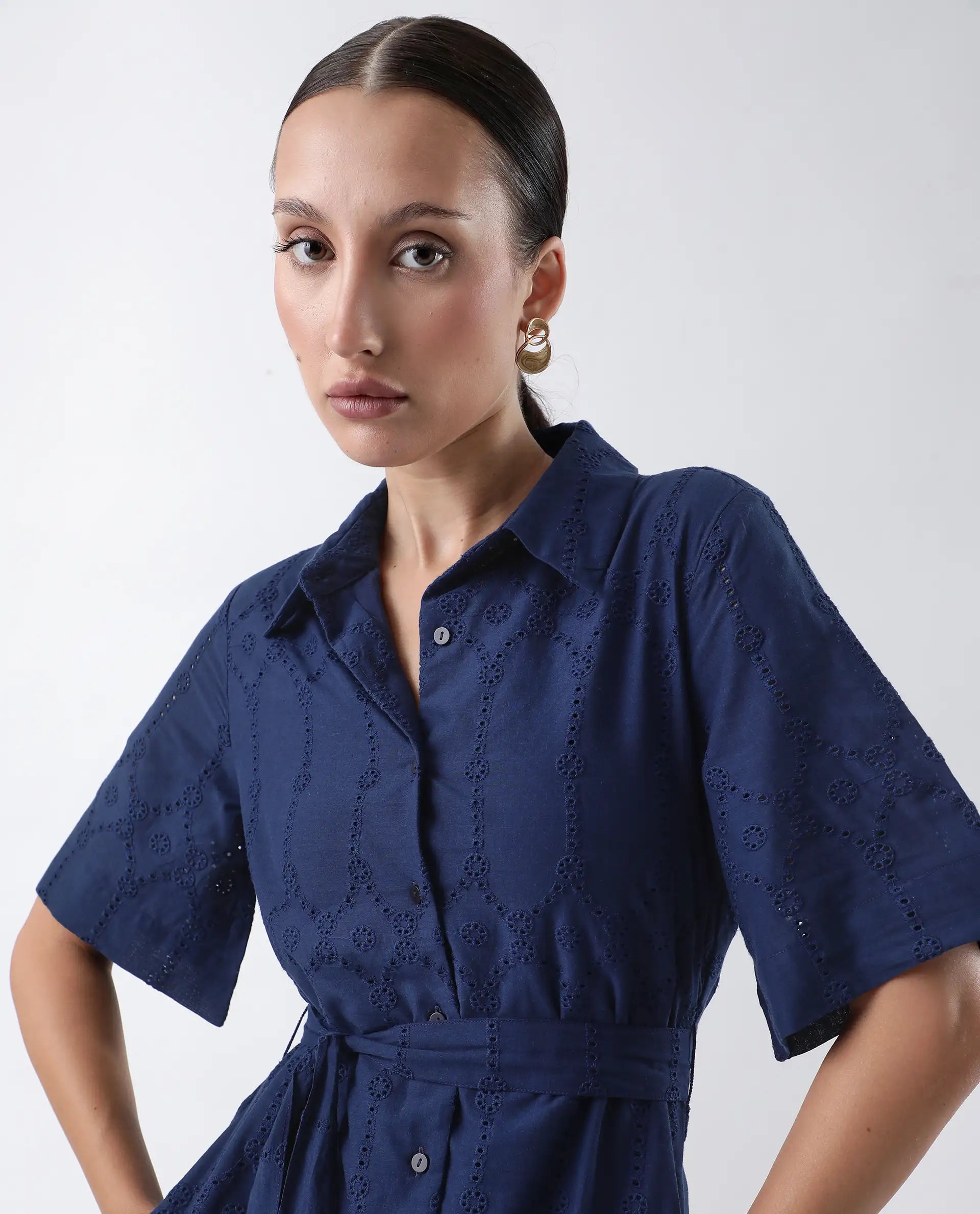 Rareism Women's Bhazlo Navy Cotton Spread Collar Plain Midi A-Line Dress