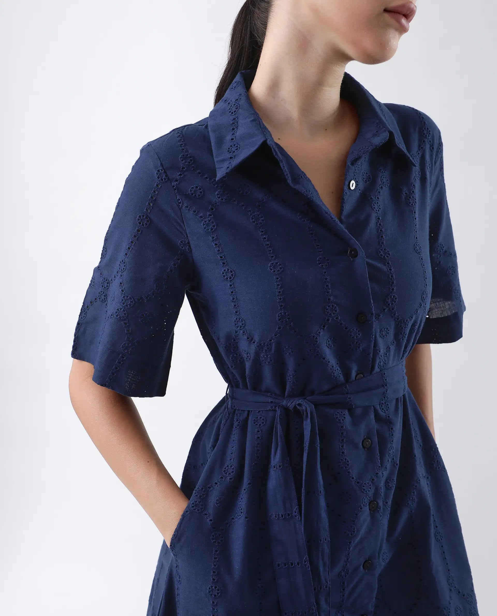 Rareism Women's Bhazlo Navy Cotton Spread Collar Plain Midi A-Line Dress