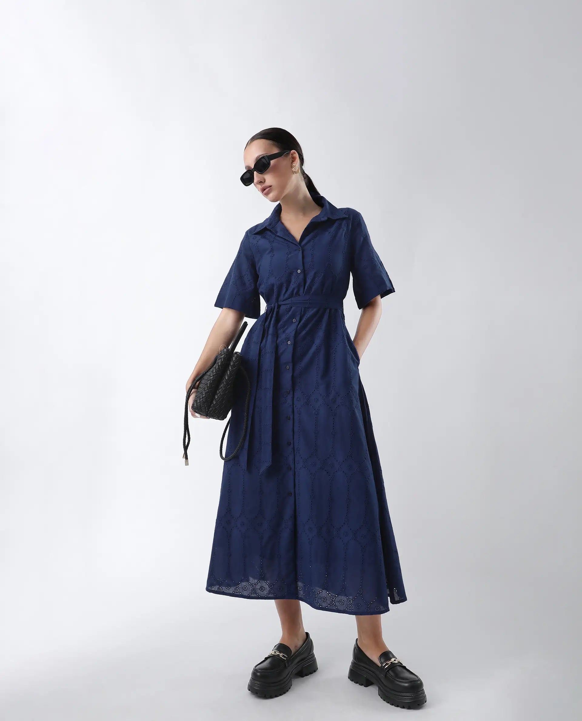 Rareism Women's Bhazlo Navy Cotton Spread Collar Plain Midi A-Line Dress
