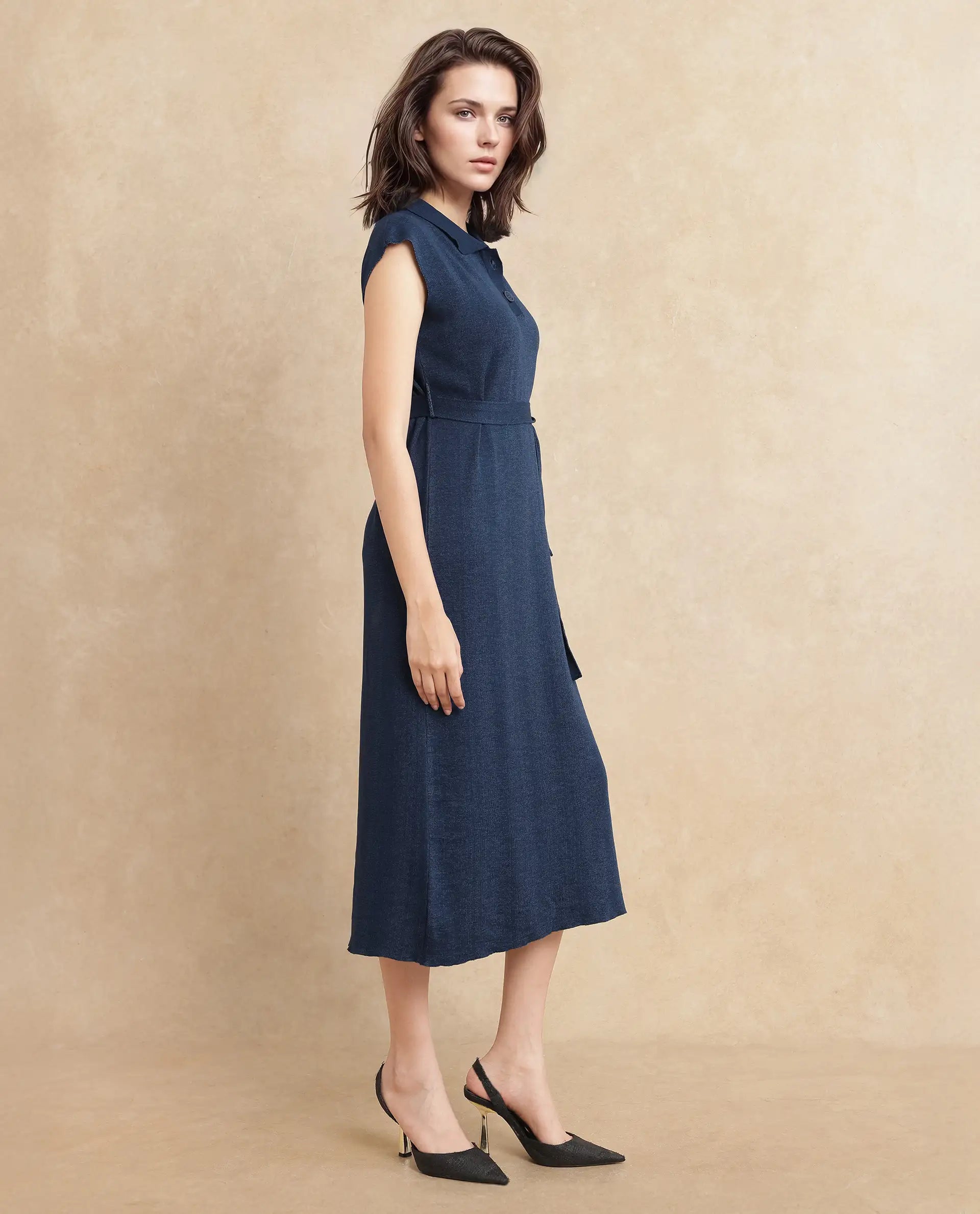 Rareism Women Bhize Navy Viscose Blend Fabric Sleeve Less Straight Fit Dress