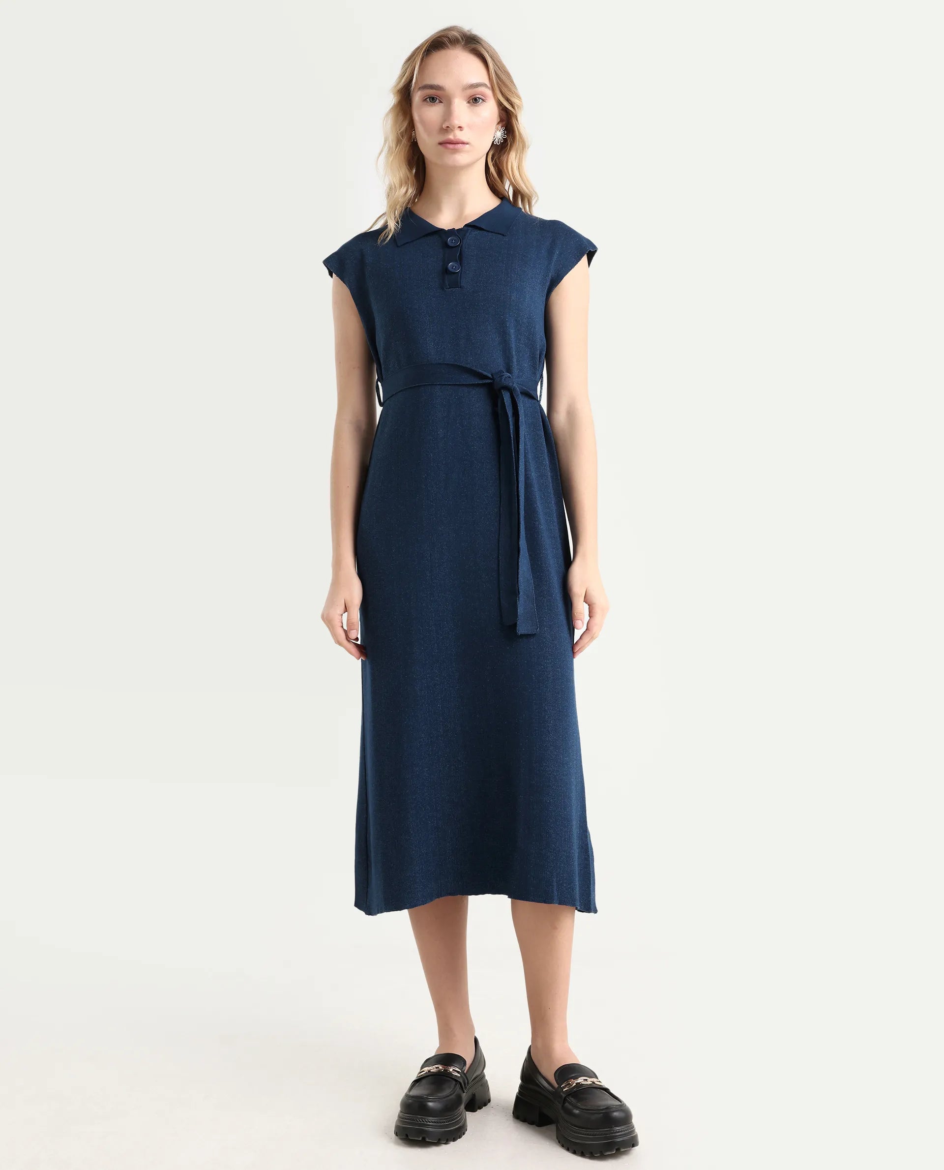 Rareism Women's Bhize Navy Cotton Spread Collar Plain Extended Sleeves Midi Straight Fit Dress