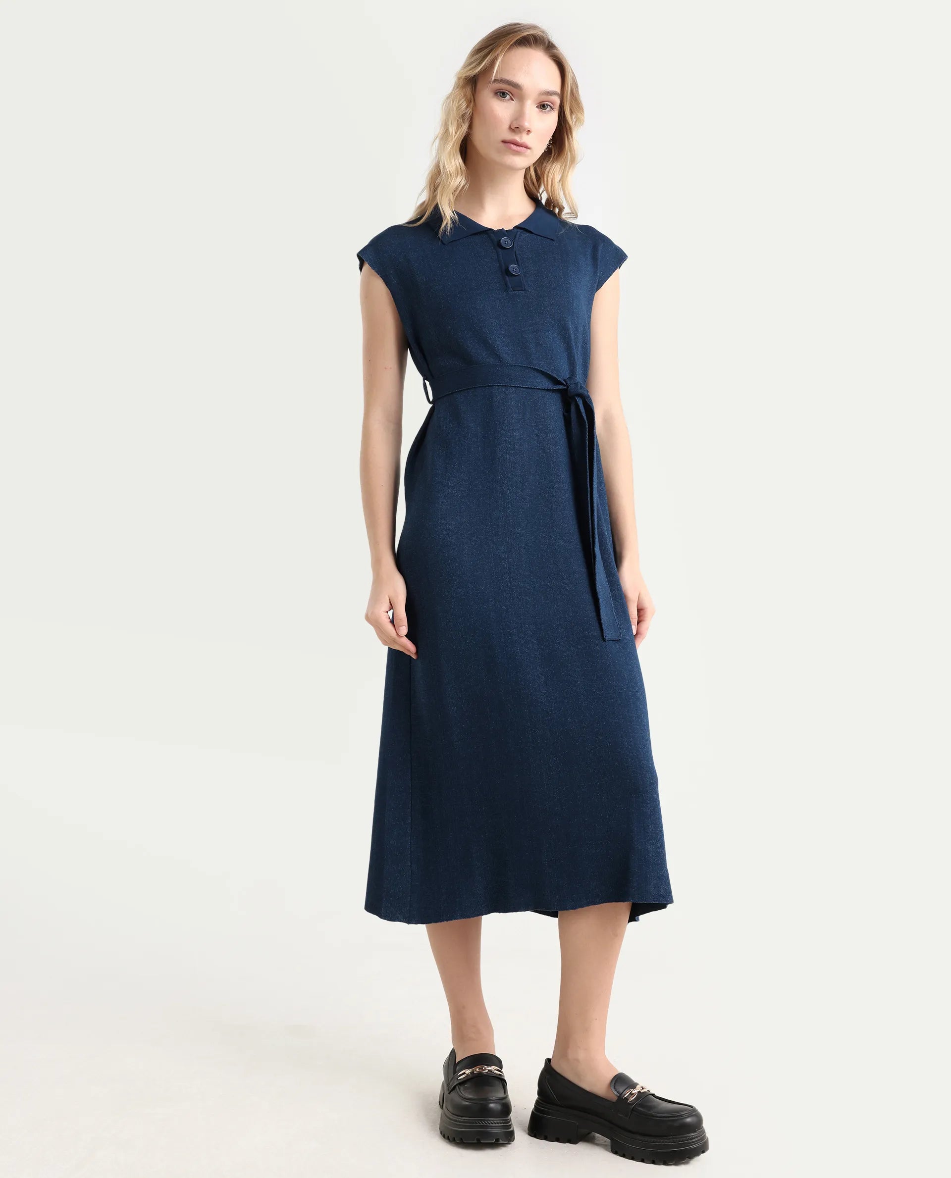 Rareism Women's Bhize Navy Cotton Spread Collar Plain Extended Sleeves Midi Straight Fit Dress