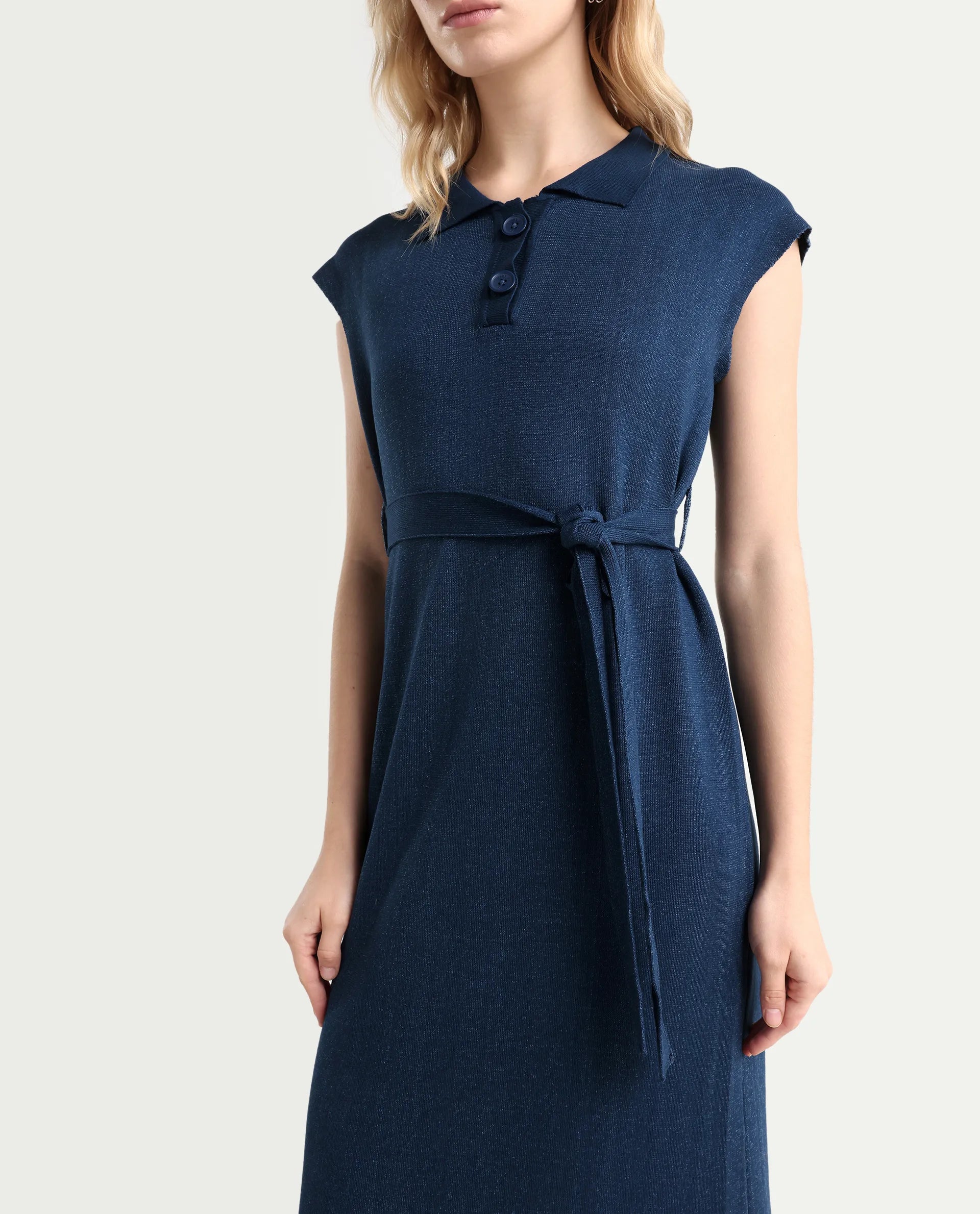Rareism Women's Bhize Navy Cotton Spread Collar Plain Extended Sleeves Midi Straight Fit Dress