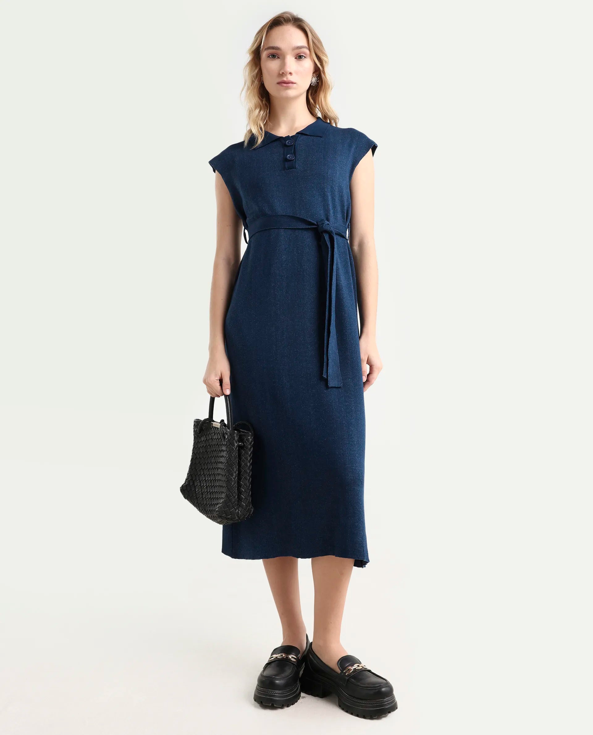Rareism Women's Bhize Navy Cotton Spread Collar Plain Extended Sleeves Midi Straight Fit Dress