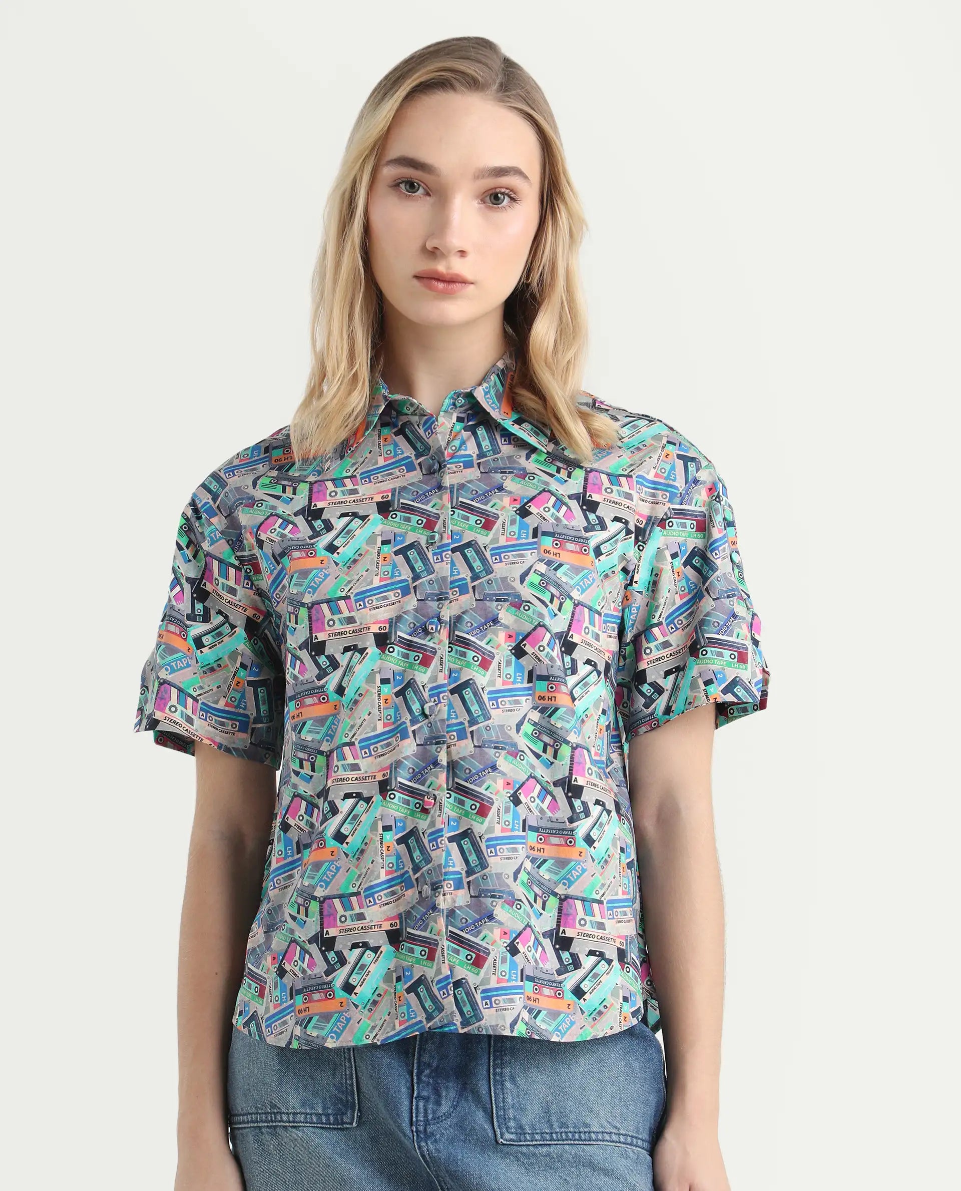Rareism Women's Bhx Multi Cotton Drop Collar Object Print Regular Fit Shirt