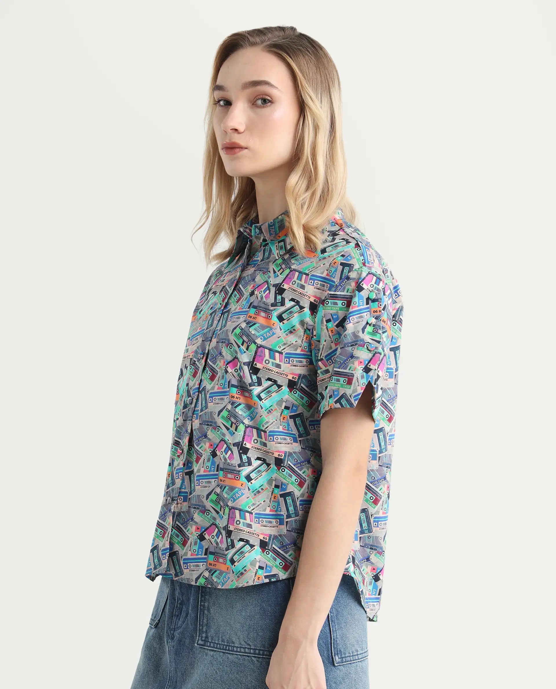 Rareism Women's Bhx Multi Cotton Drop Collar Object Print Regular Fit Shirt